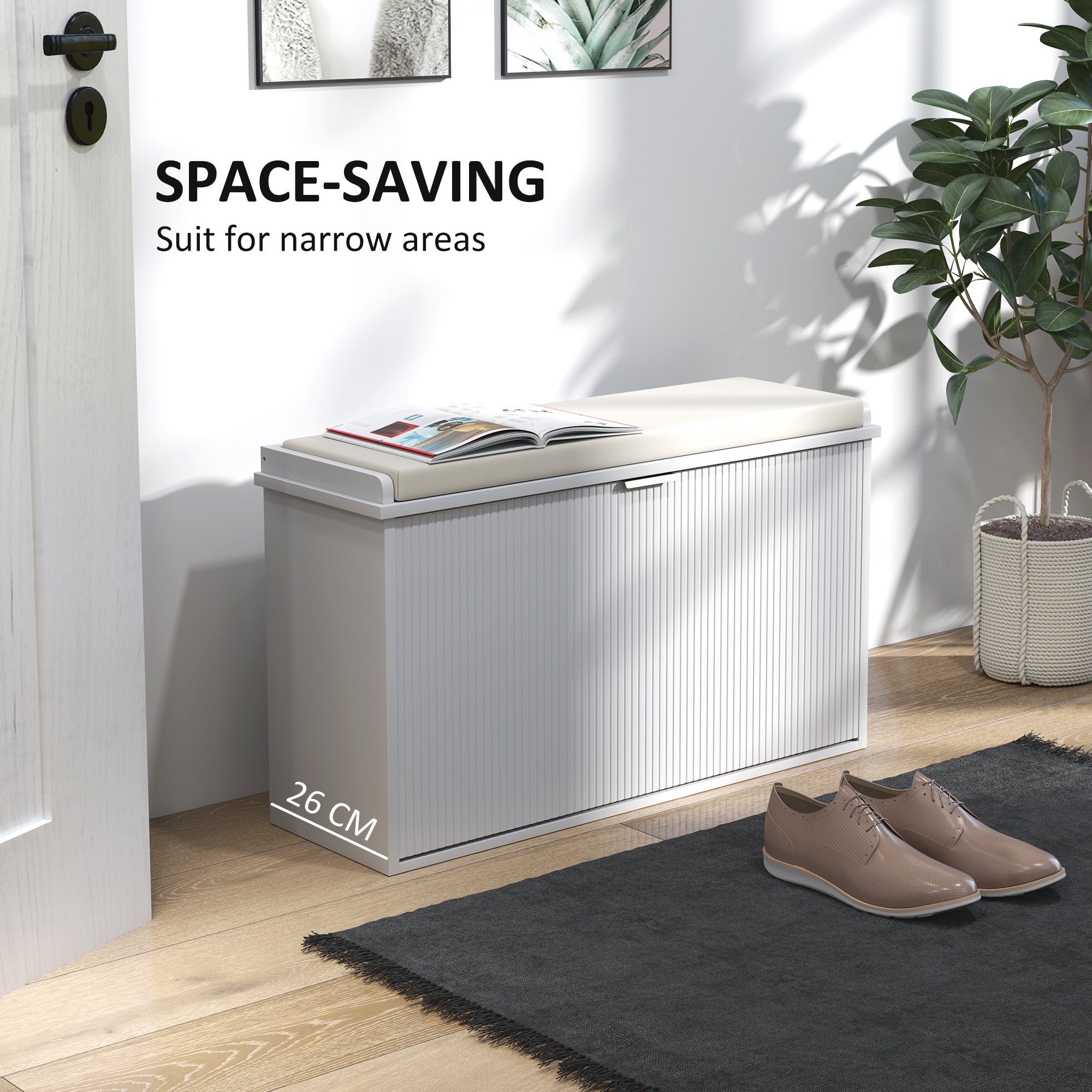 HOMCOM Shoe Bench with Padded Seat Cushion and Flip-Drawer, Entryway Bench Holds up to 265lb, Shoe Organizer for 8 Pairs of Shoes, 31.5 x 10.2 x 18.7 Inches, White