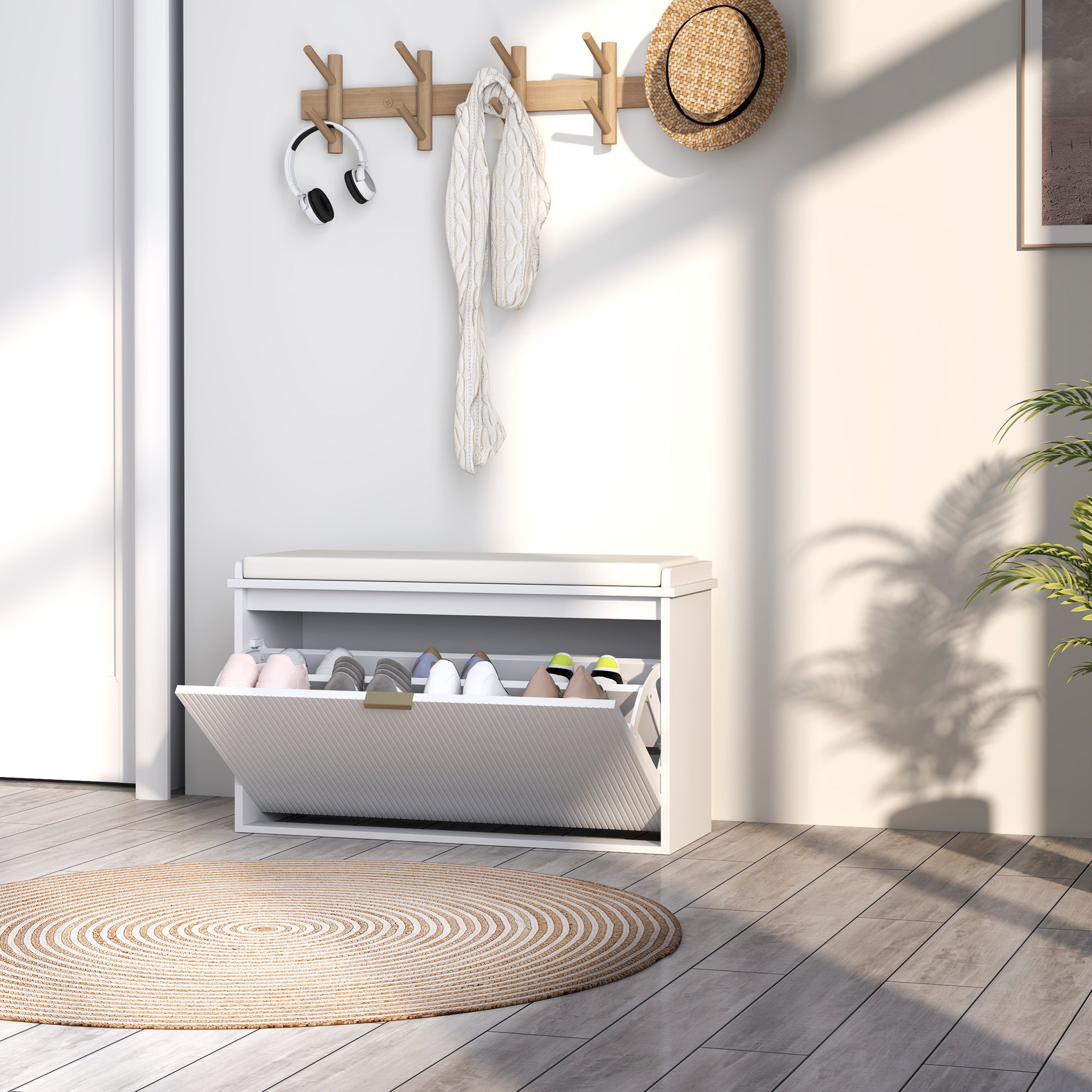 HOMCOM Shoe Bench with Padded Seat Cushion and Flip-Drawer, Entryway Bench Holds up to 265lb, Shoe Organizer for 8 Pairs of Shoes, 31.5 x 10.2 x 18.7 Inches, White