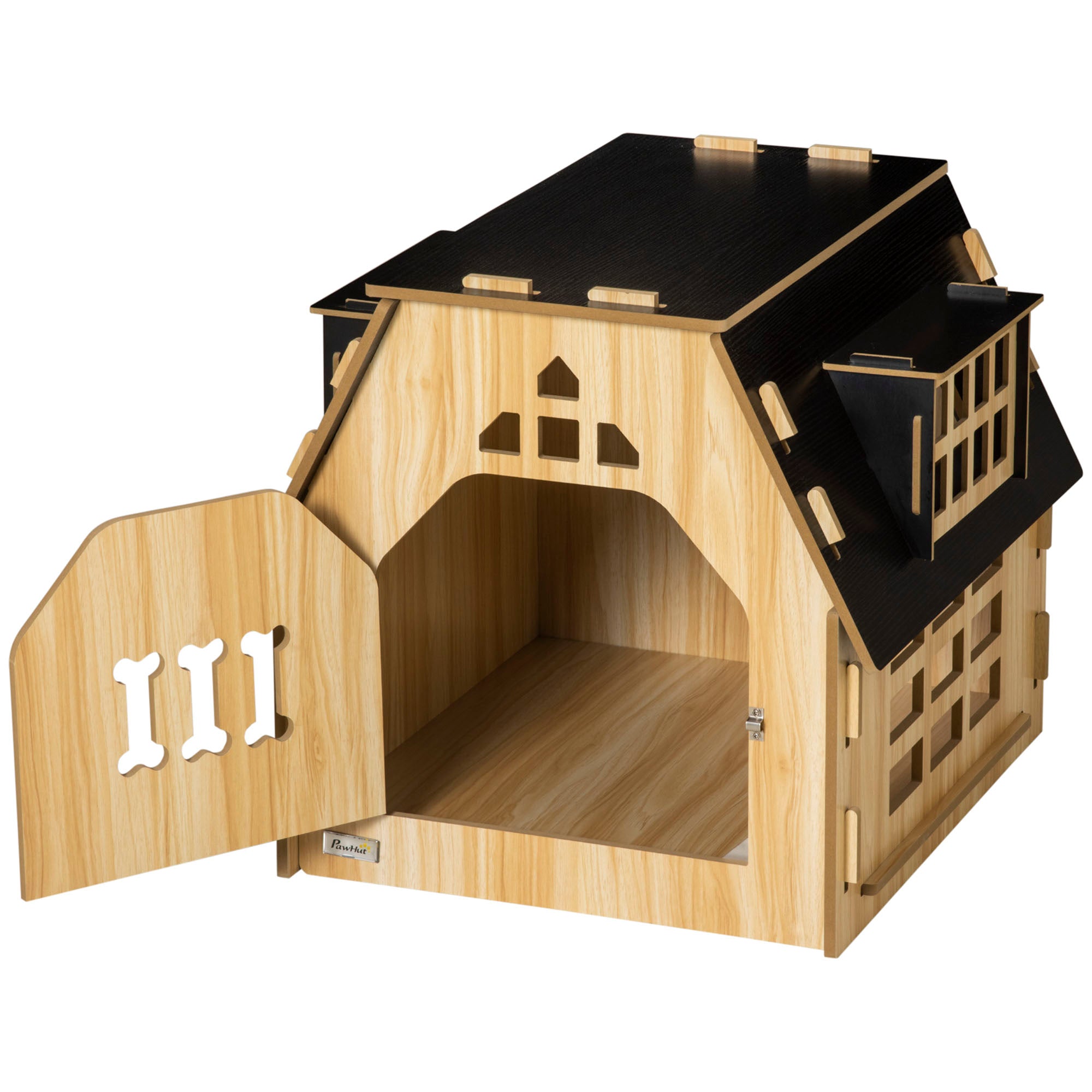PawHut Cottage Design Small Dog House Indoor with Roomy Interior, Cute Wooden Pet Homee with Windows, Lockable Door with Bone Shape, for Small Sized Dog, Oak