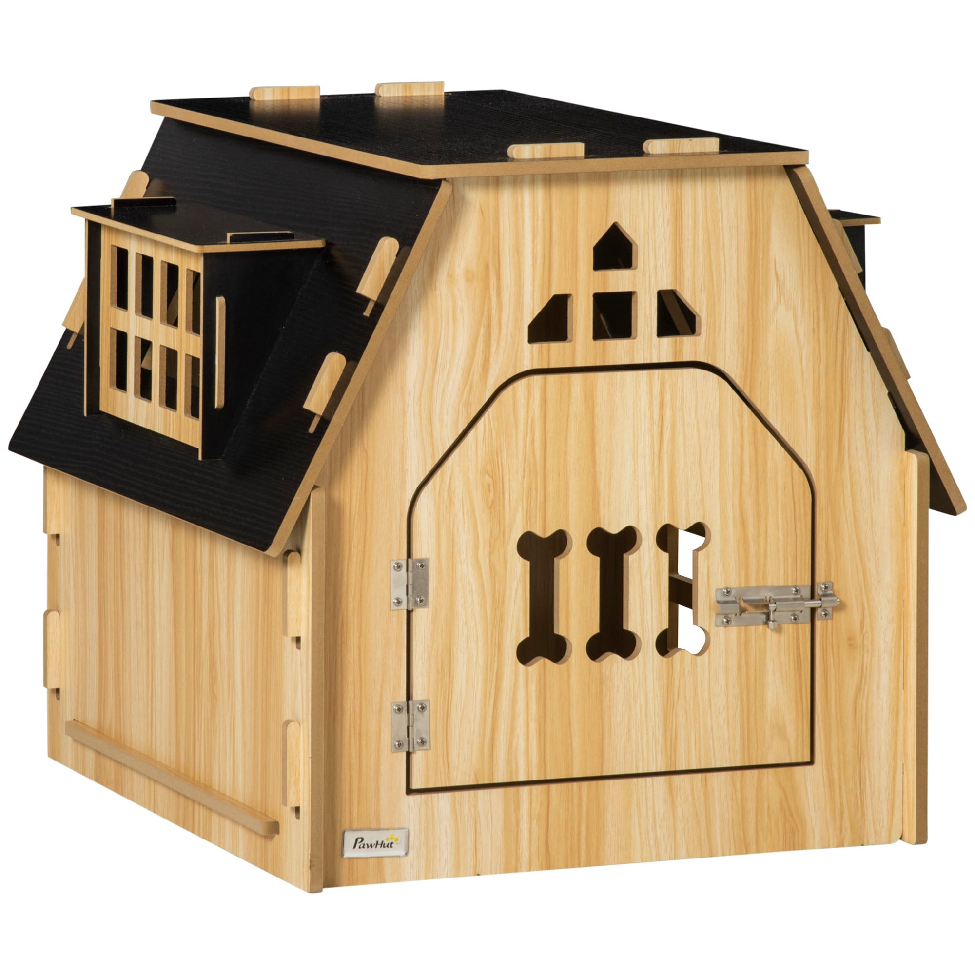 PawHut Cottage Design Small Dog House Indoor with Roomy Interior, Cute Wooden Pet Homee with Windows, Lockable Door with Bone Shape, for Small Sized Dog, Oak