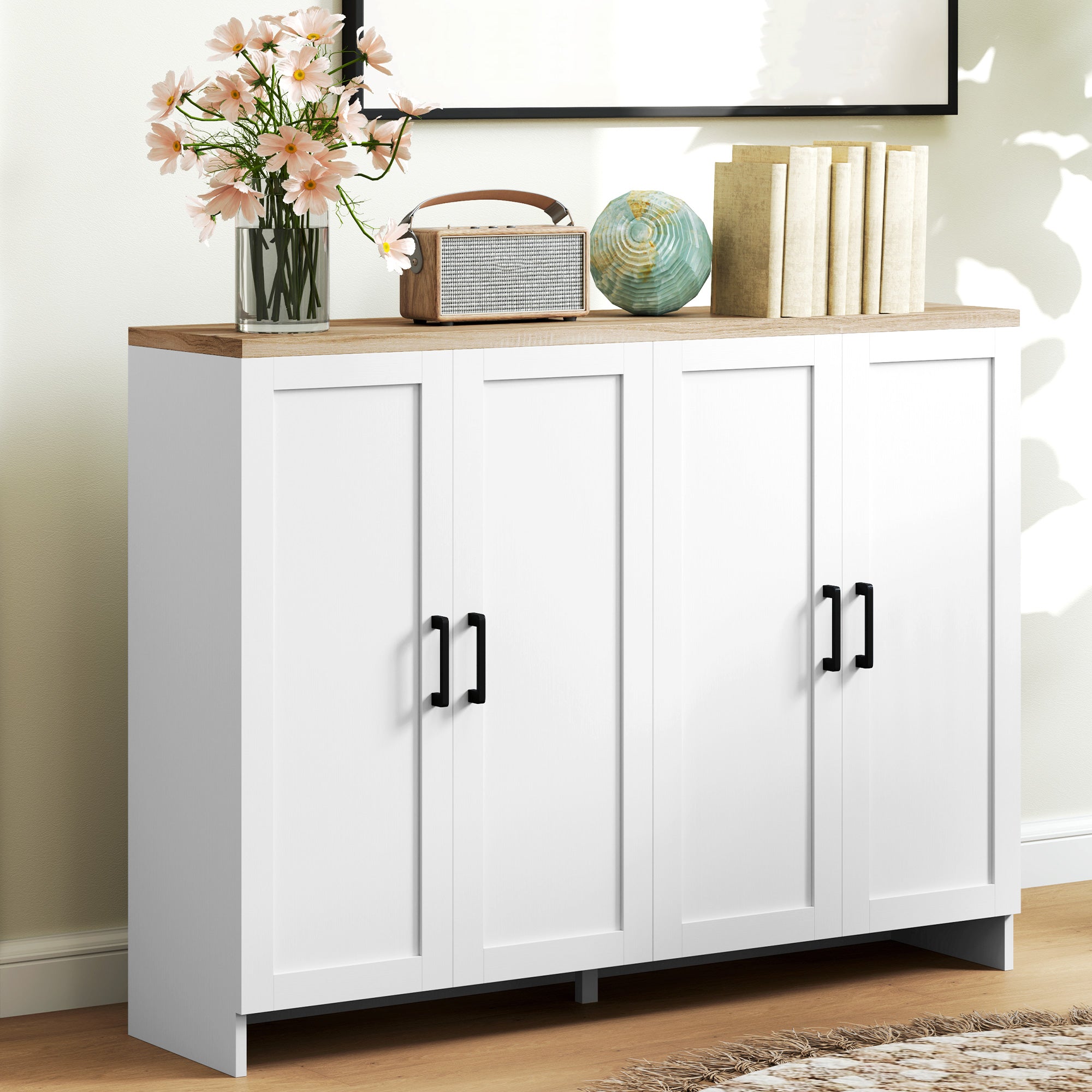 HOMCOM Modern Buffet Cabinet with Storage, 47" Narrow Sideboard, Kitchen Storage Cabinet with 4 Shaker Doors and Adjustable Shelves, White