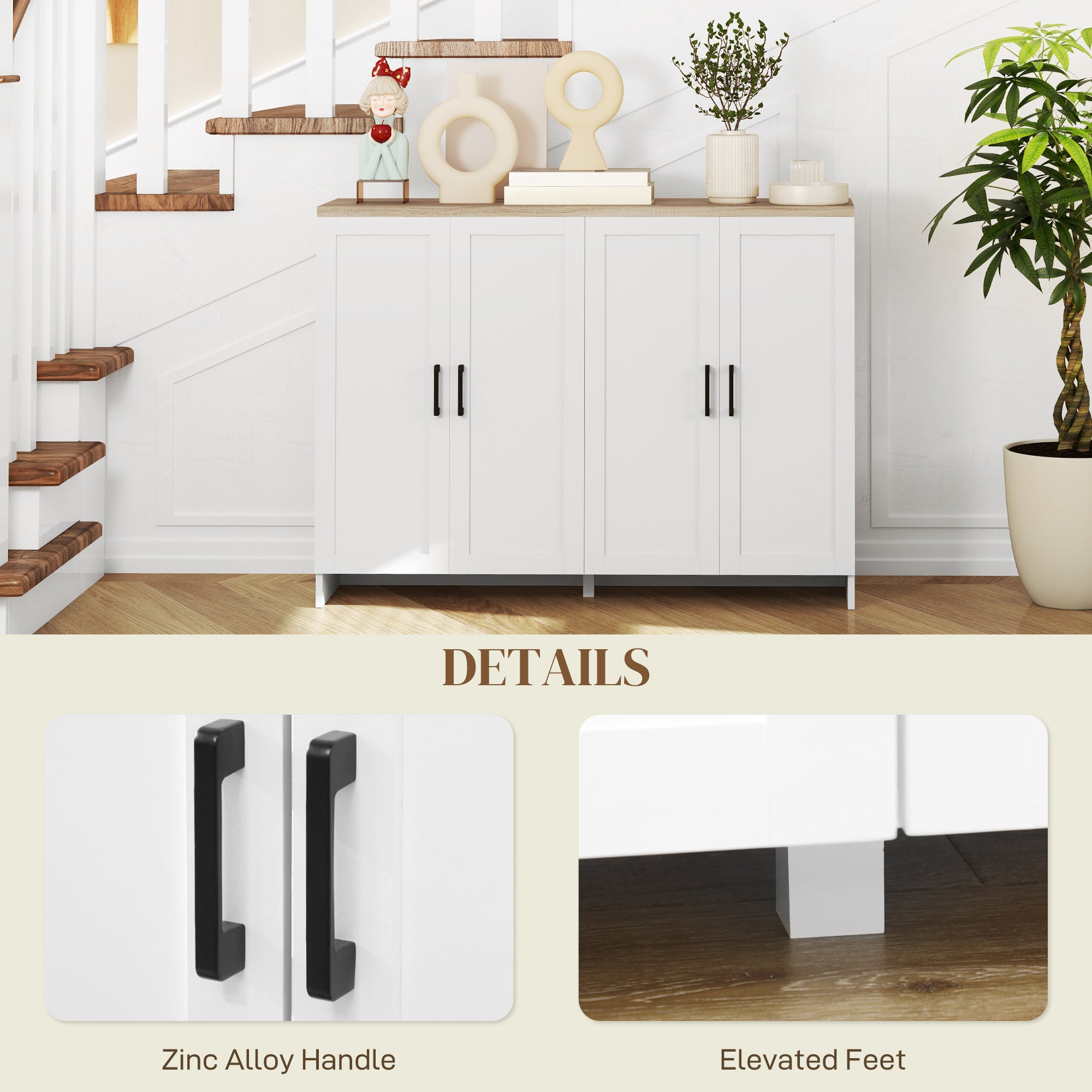 HOMCOM Modern Buffet Cabinet with Storage, 47" Narrow Sideboard, Kitchen Storage Cabinet with 4 Shaker Doors and Adjustable Shelves, White