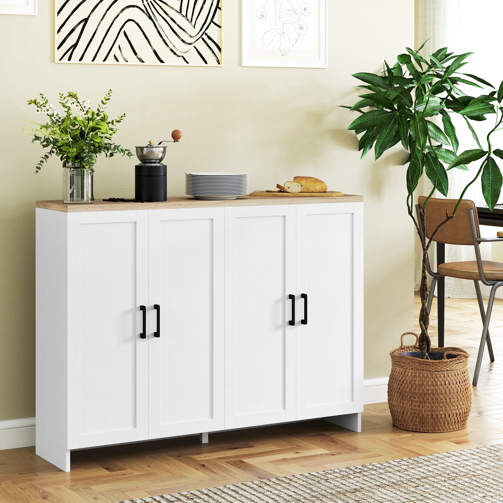 HOMCOM Modern Buffet Cabinet with Storage, 47" Narrow Sideboard, Kitchen Storage Cabinet with 4 Shaker Doors and Adjustable Shelves, White