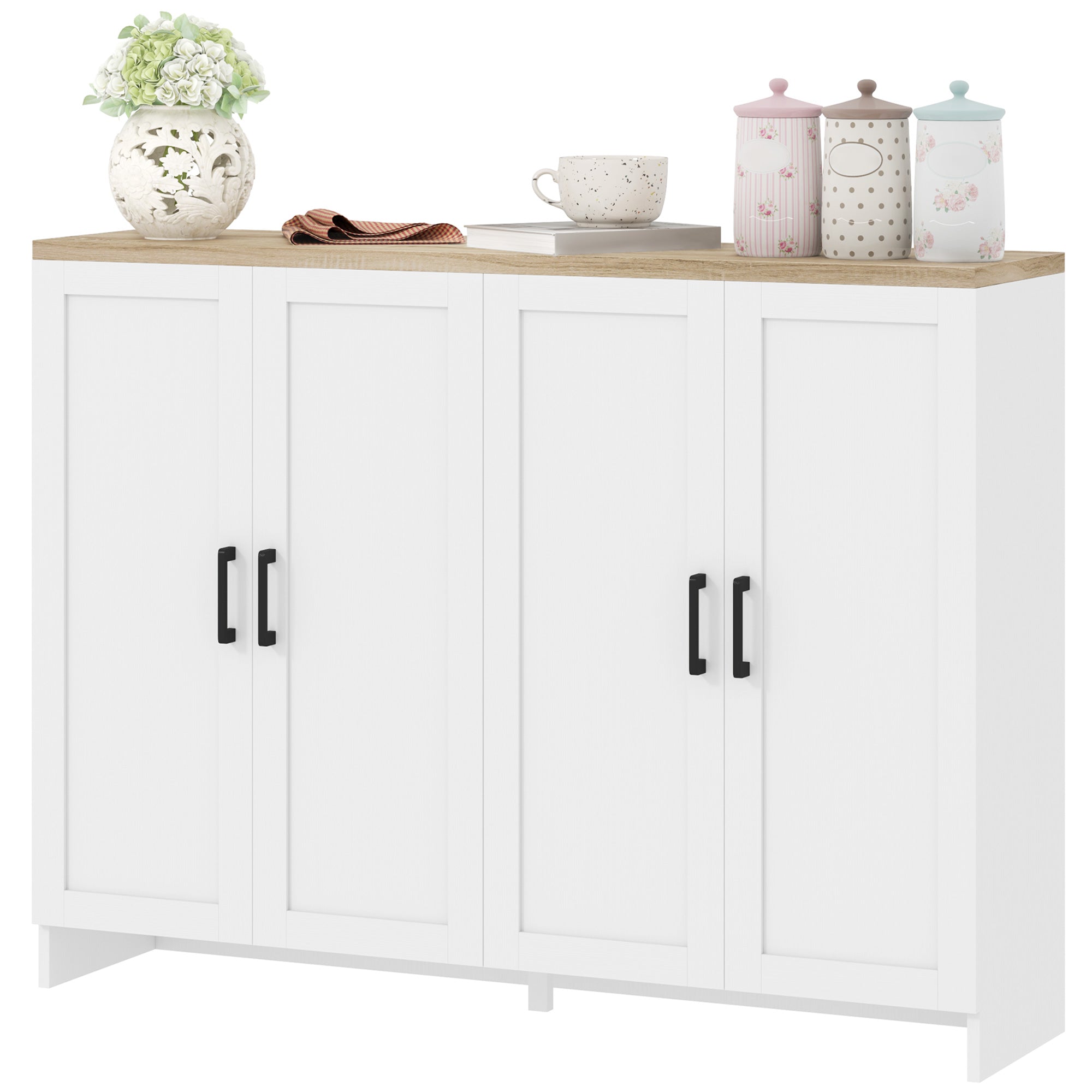HOMCOM Modern Buffet Cabinet with Storage, 47" Narrow Sideboard, Kitchen Storage Cabinet with 4 Shaker Doors and Adjustable Shelves, White