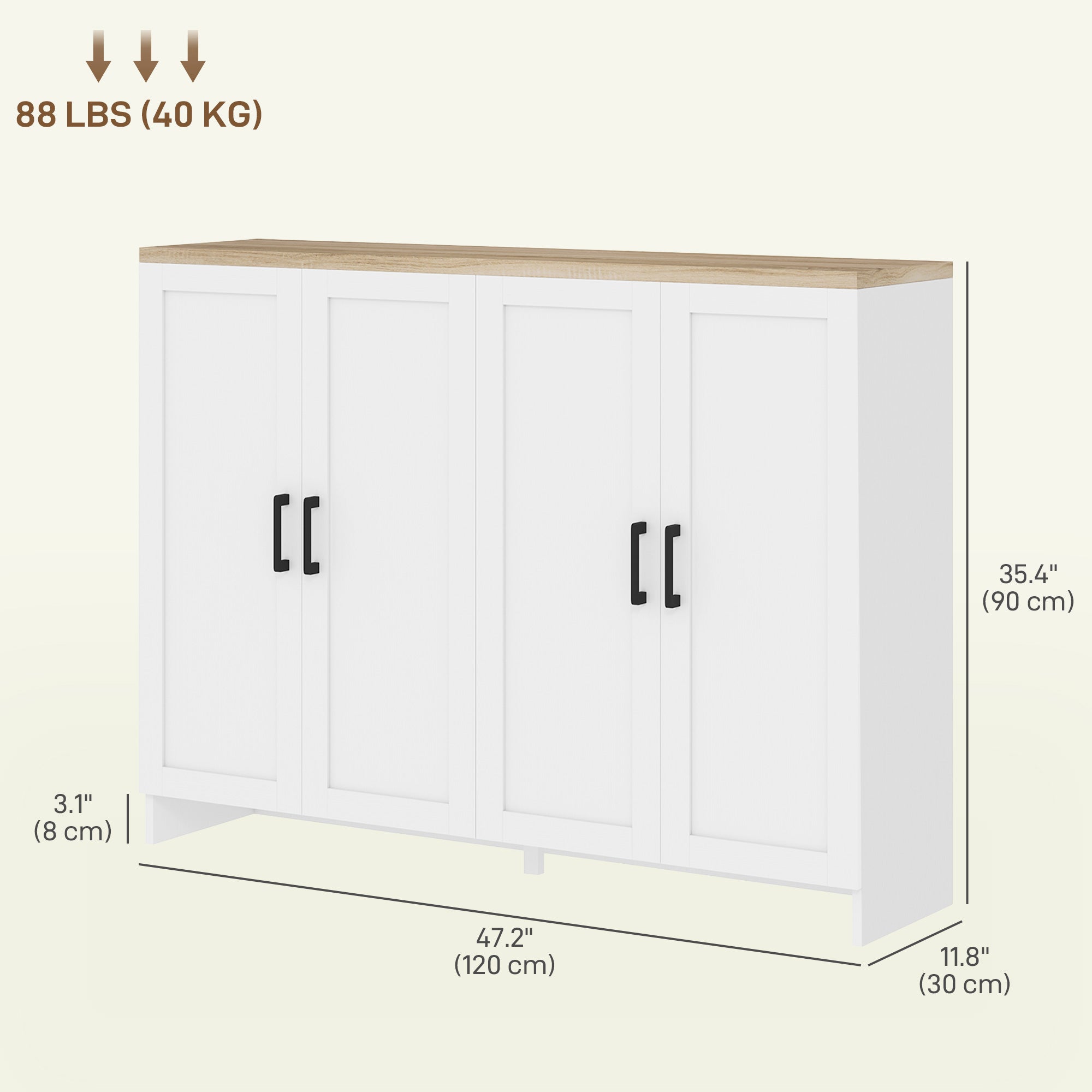 HOMCOM Modern Buffet Cabinet with Storage, 47" Narrow Sideboard, Kitchen Storage Cabinet with 4 Shaker Doors and Adjustable Shelves, White