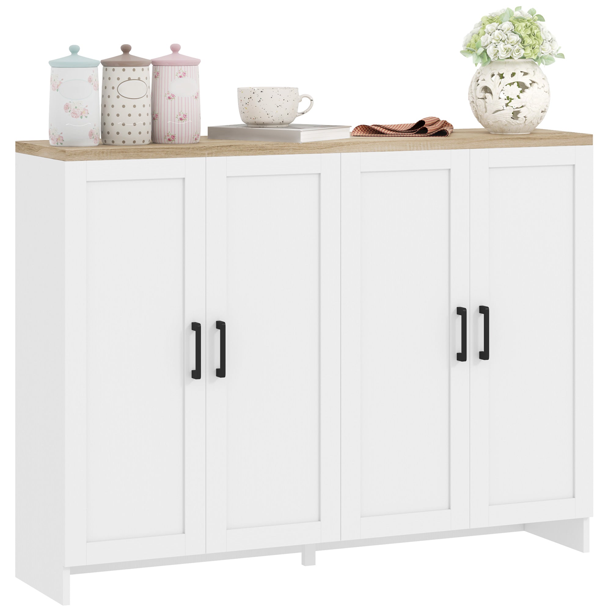 HOMCOM Modern Buffet Cabinet with Storage, 47" Narrow Sideboard, Kitchen Storage Cabinet with 4 Shaker Doors and Adjustable Shelves, White