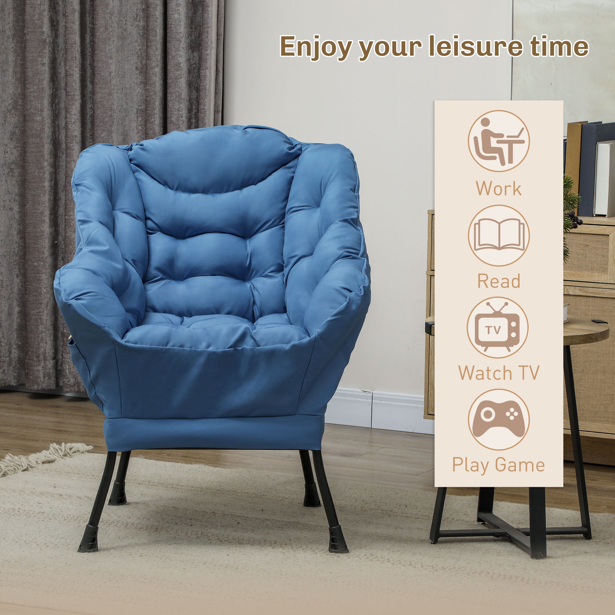 HOMCOM Modern Accent Chair, Linen Fabric Armchair with Side Pockets and Solid Steel Legs, Comfy Reading Chair for Living Room, Bedroom, Blue