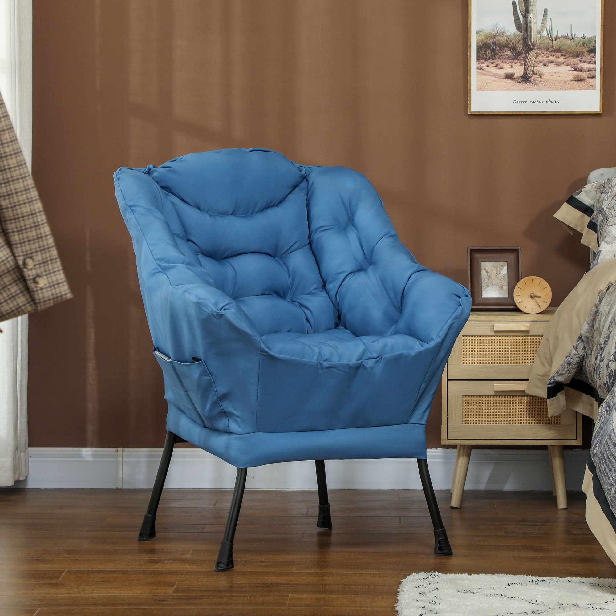 HOMCOM Modern Accent Chair, Linen Fabric Armchair with Side Pockets and Solid Steel Legs, Comfy Reading Chair for Living Room, Bedroom, Blue