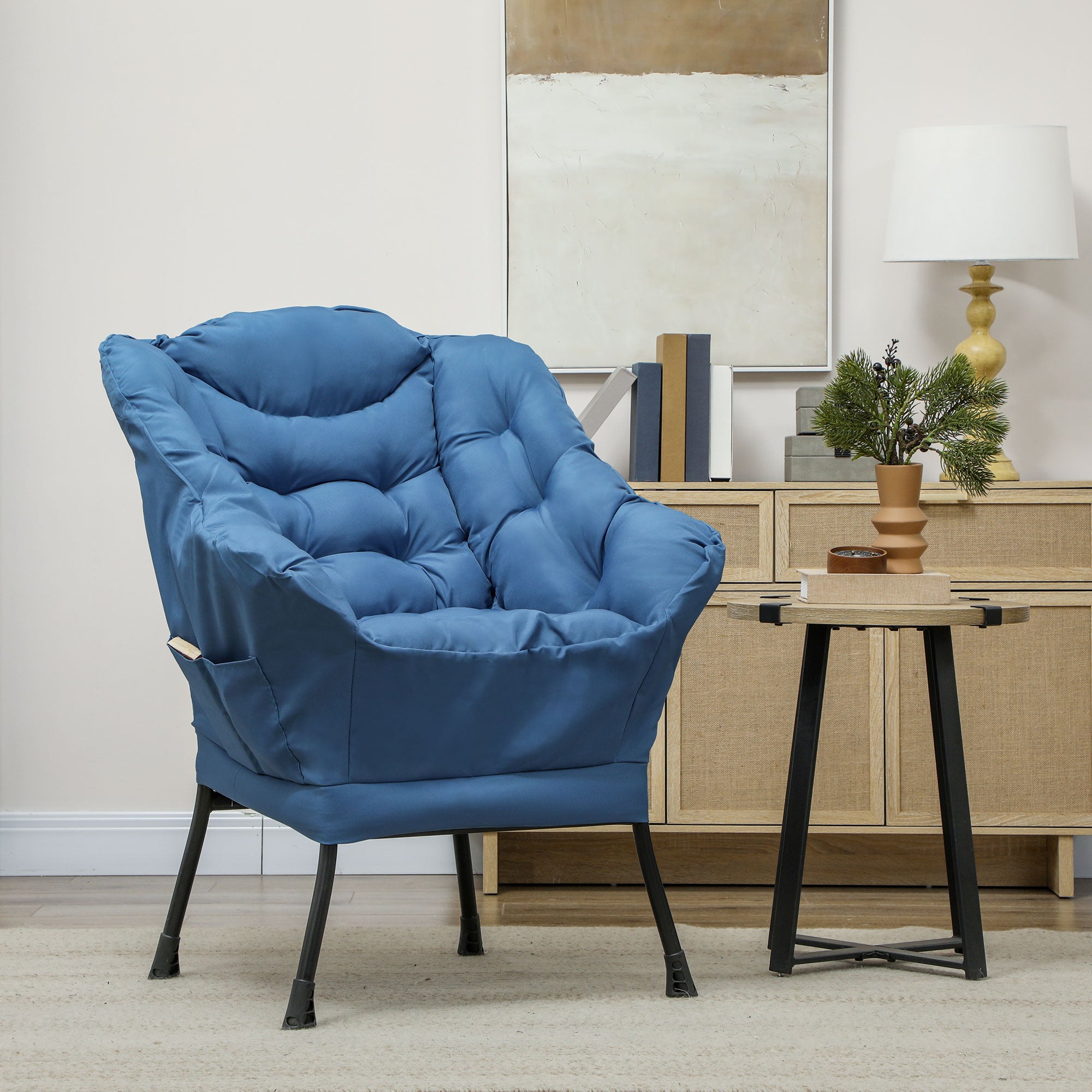 HOMCOM Modern Accent Chair, Linen Fabric Armchair with Side Pockets and Solid Steel Legs, Comfy Reading Chair for Living Room, Bedroom, Blue