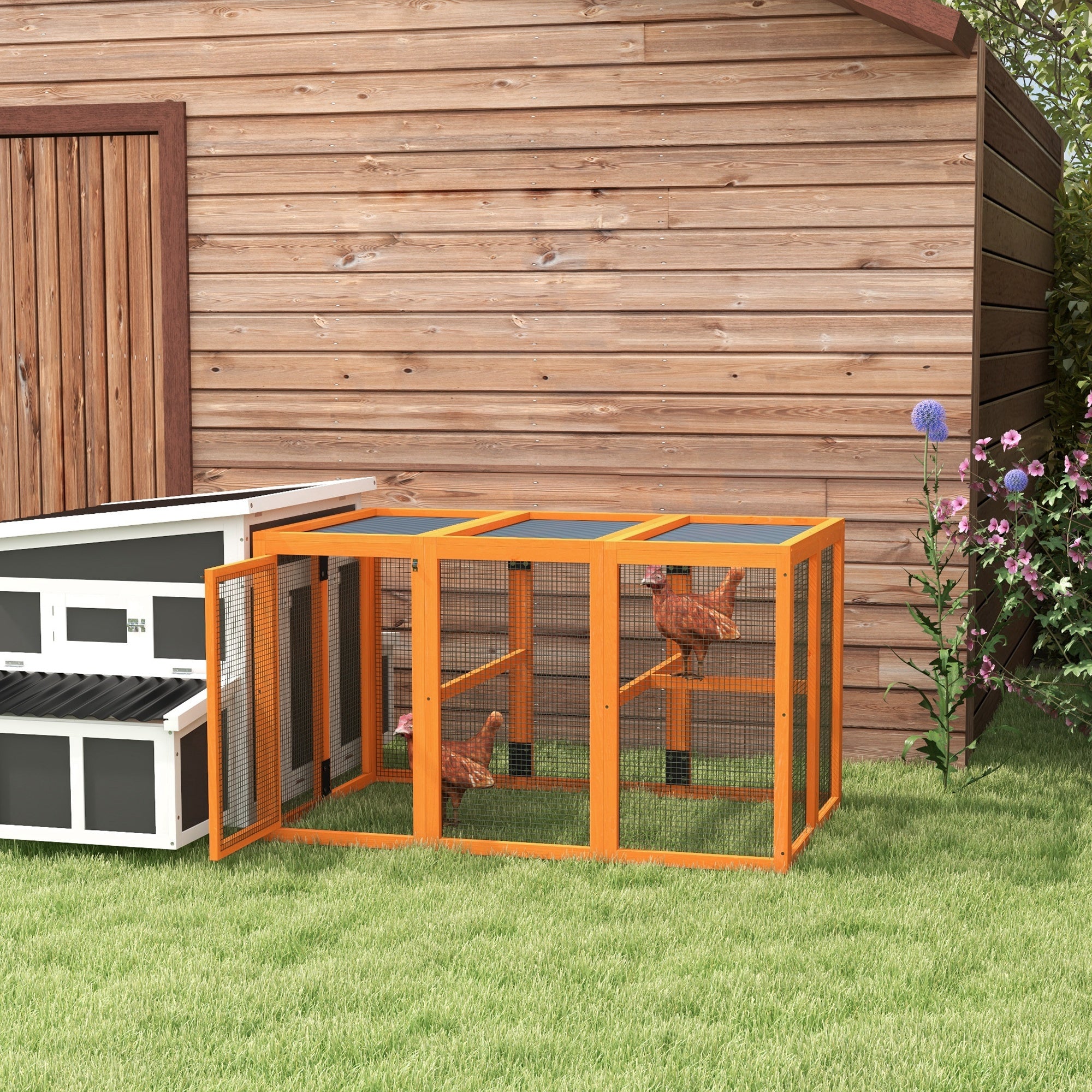 PawHut Wooden Chicken Run Hen Coop House Combinable Design Outdoor Use with Perches, for 1-3 Chickens, Ducks, 140 x 84 x 80cm