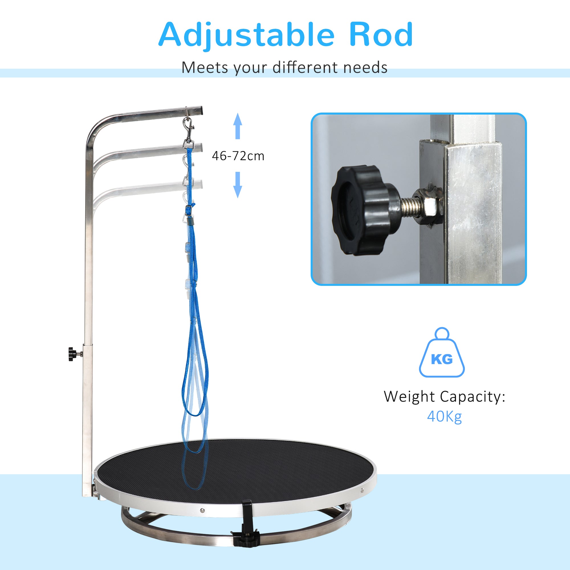 PawHut Round Pet Grooming Table Rotatable Dog Drying Table Adjustable Arm Stainless Steel Frame Safety Leash Φ55 cm Black
