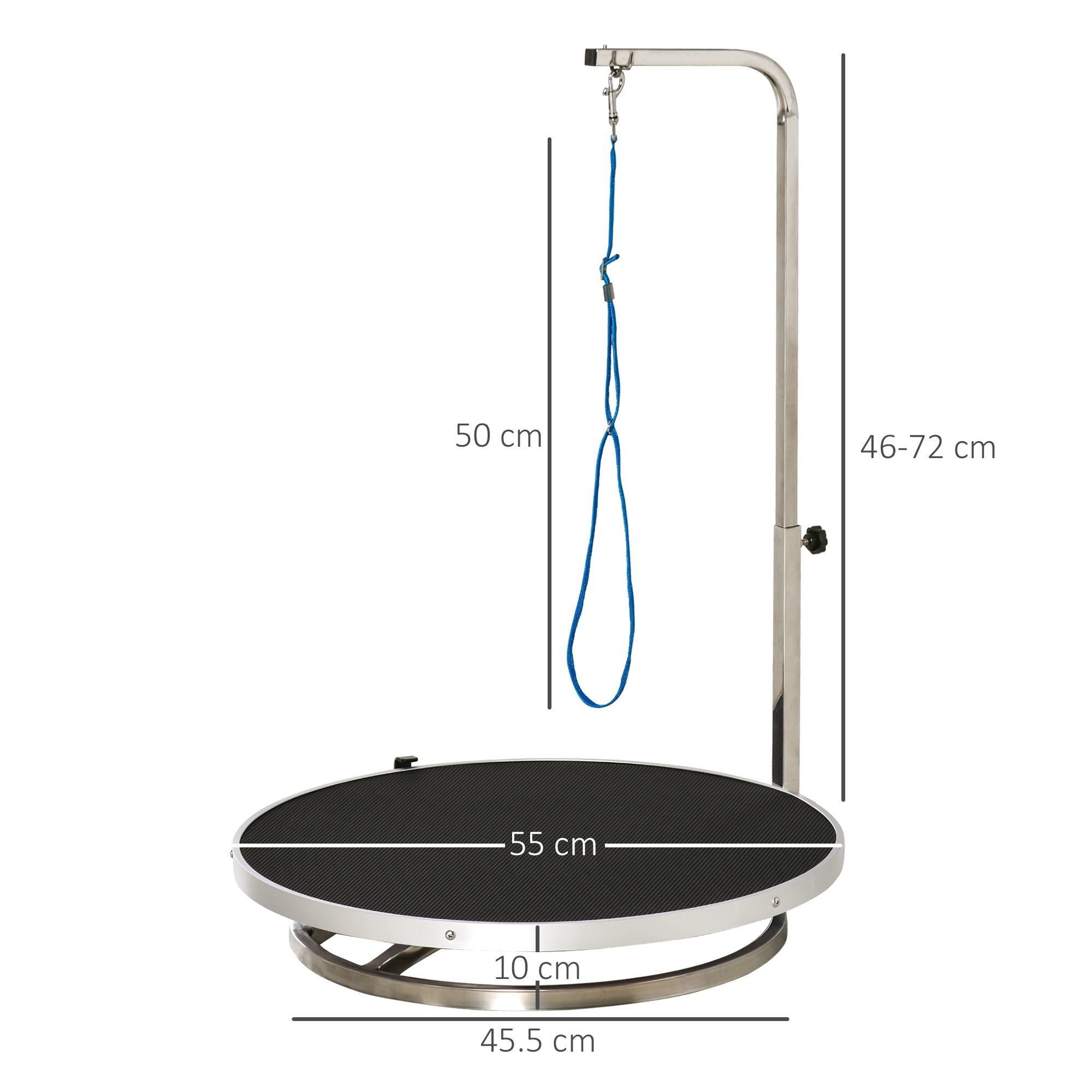 PawHut Round Pet Grooming Table Rotatable Dog Drying Table Adjustable Arm Stainless Steel Frame Safety Leash Φ55 cm Black