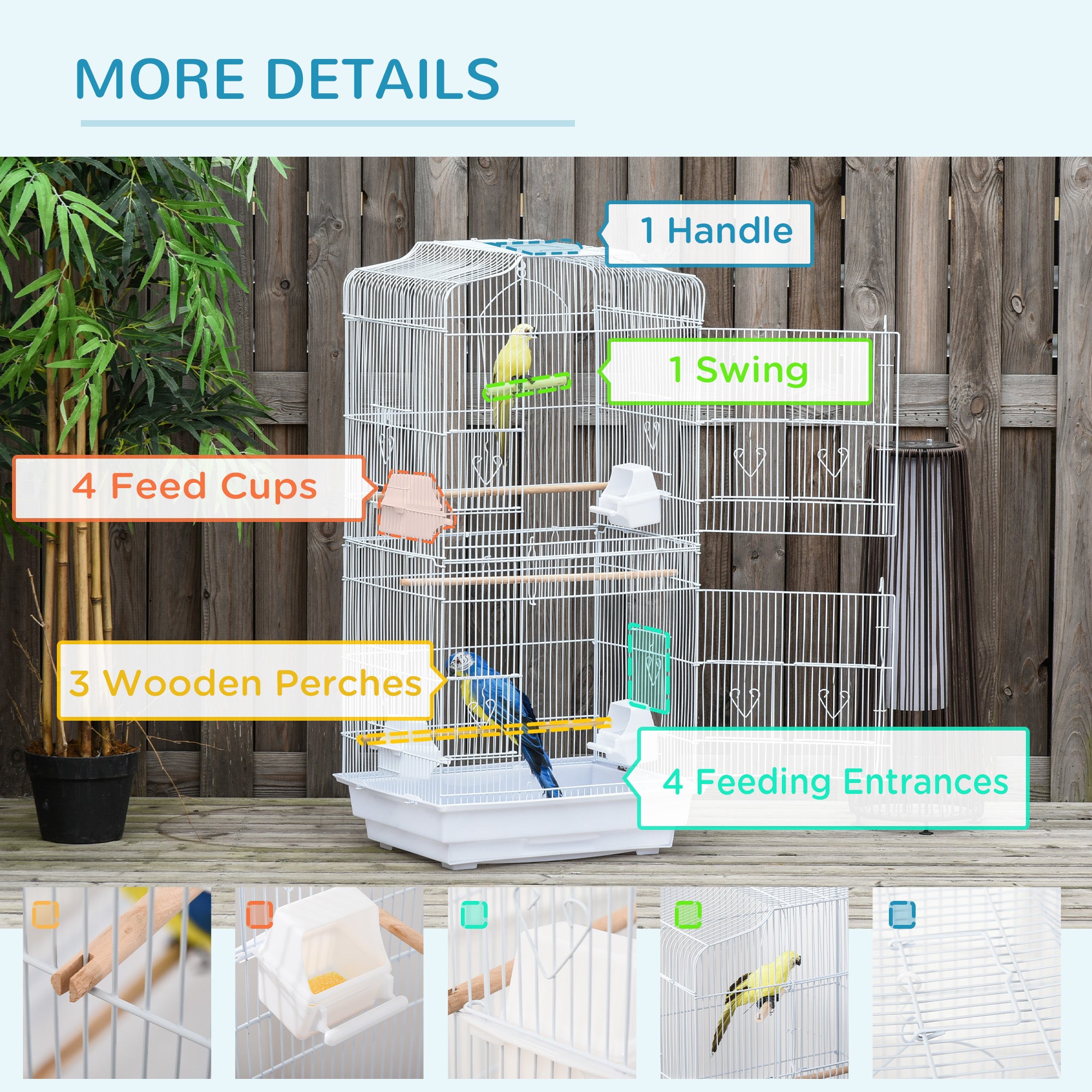 PawHut 36" Bird Cage for Finches, Canaries Budgies, Parrot Cage with Accessories, Handle, White