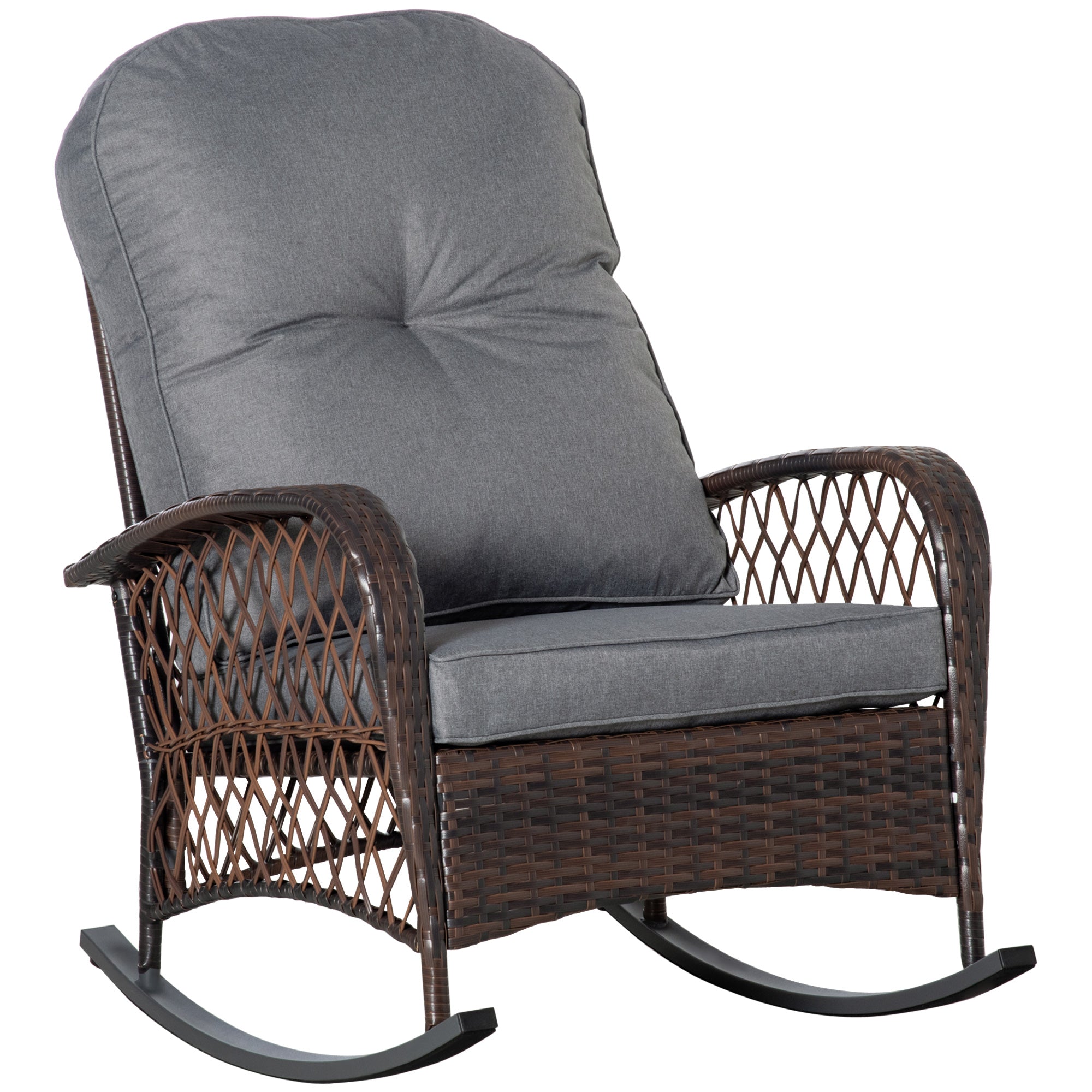 Outsunny Rattan Rocking Chair, Outdoor Wicker Patio Rocker Chair Furniture with Thick Cushions, for Garden Backyard Porch, Grey