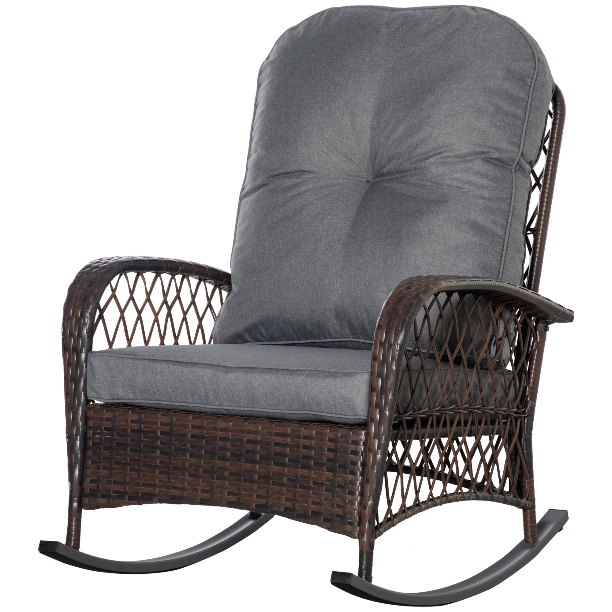 Outsunny Rattan Rocking Chair, Outdoor Wicker Patio Rocker Chair Furniture with Thick Cushions, for Garden Backyard Porch, Grey