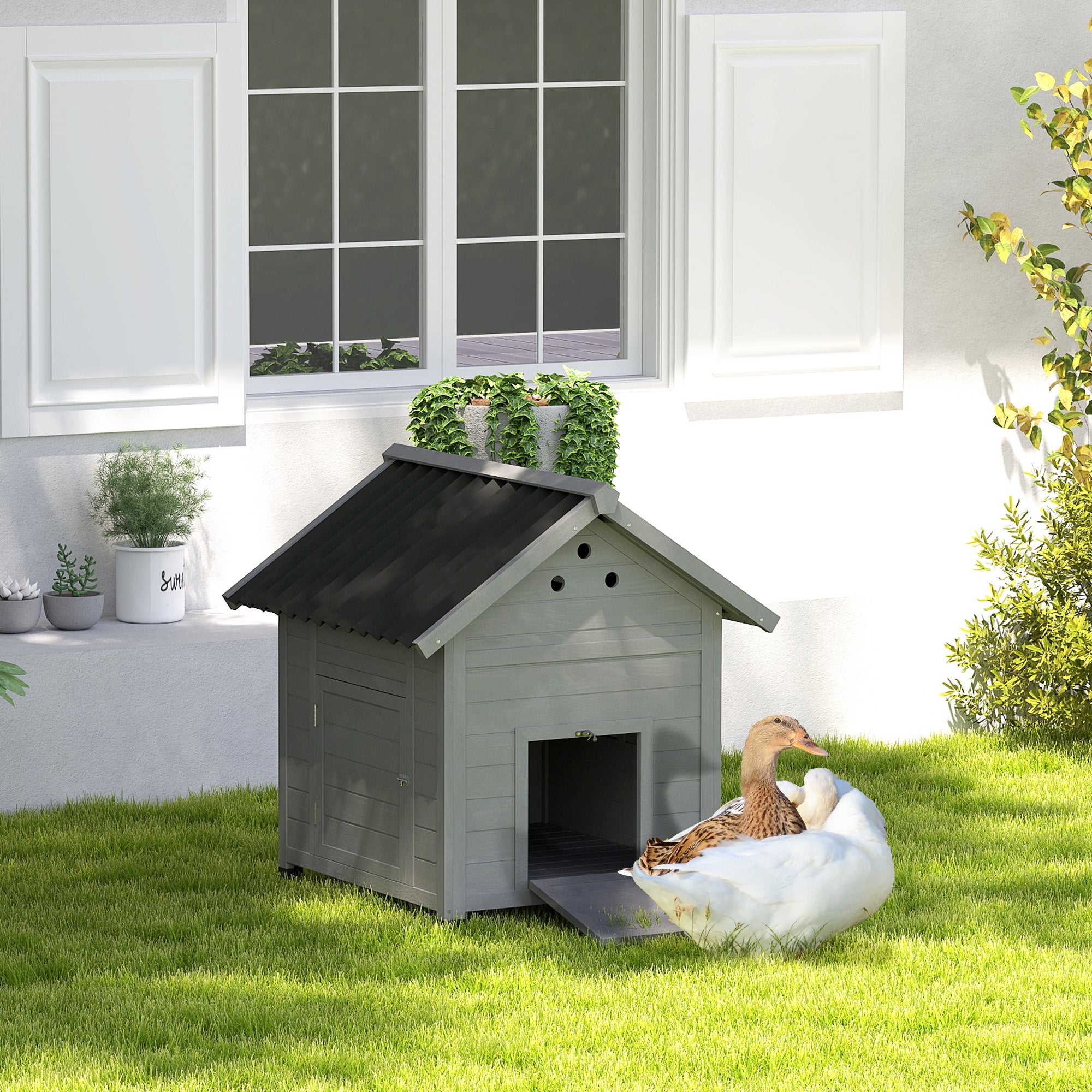 PawHut Duck Coop, Wooden Duck House, Outdoor Small Animal House with Openable Roof, Double Doors, Removable Base for 1-3 Ducks, Light Gray
