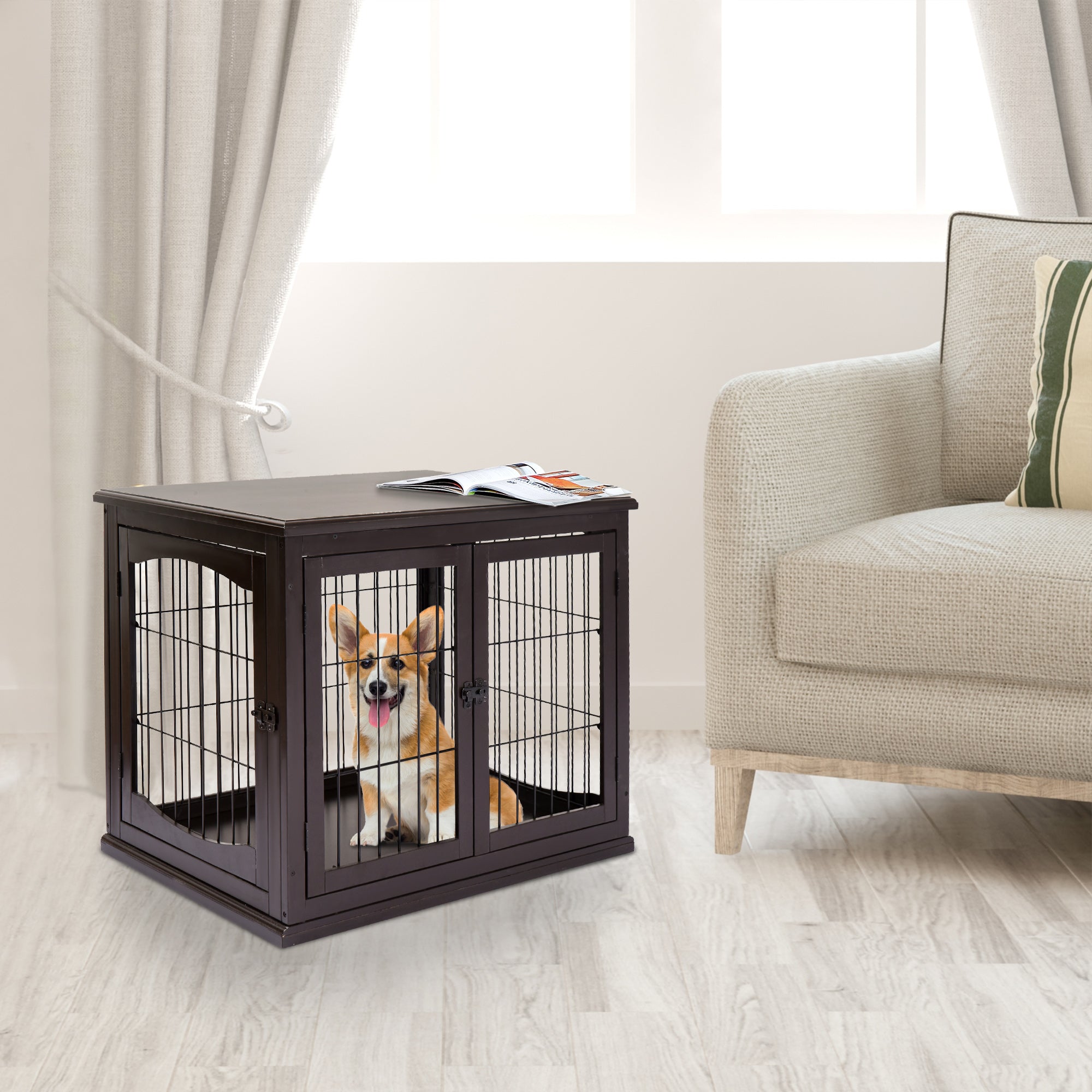 PawHut Dog Crate Furniture, Small Dog Cage End Table with Two Opening Sides, Lockable Door, Puppy Kennel Indoor, Cute and Decorative, Coffee