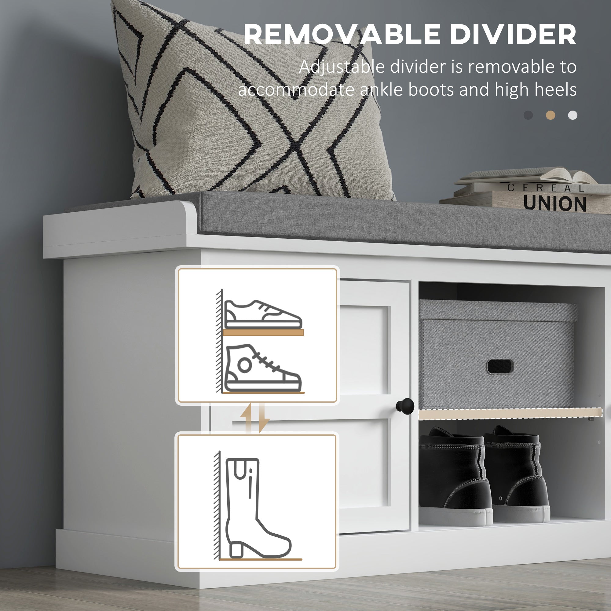 HOMCOM Shoe Bench for Entryway, Shoe Storage Bench with Cushioned Seat, 2 Cabinets and Adjustable Shelf for Hallway, Living Room, Bedroom, White