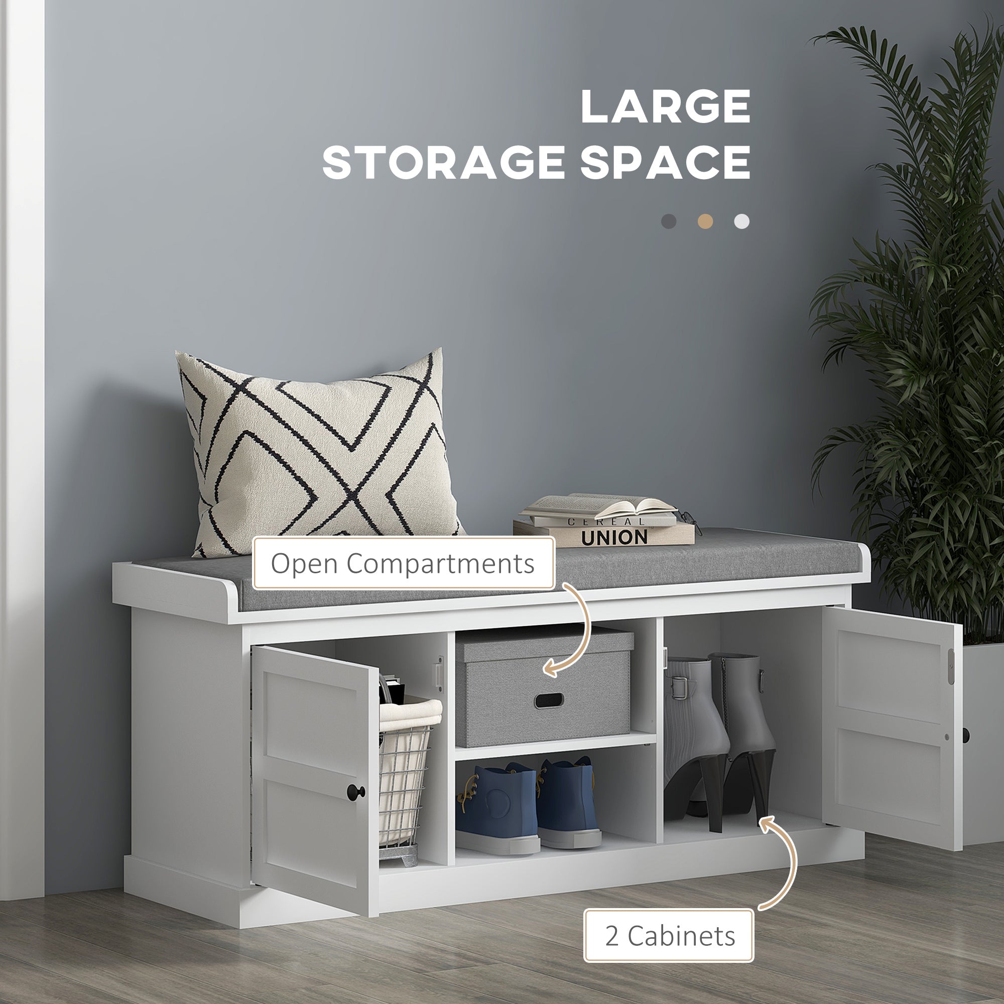 HOMCOM Shoe Bench for Entryway, Shoe Storage Bench with Cushioned Seat, 2 Cabinets and Adjustable Shelf for Hallway, Living Room, Bedroom, White