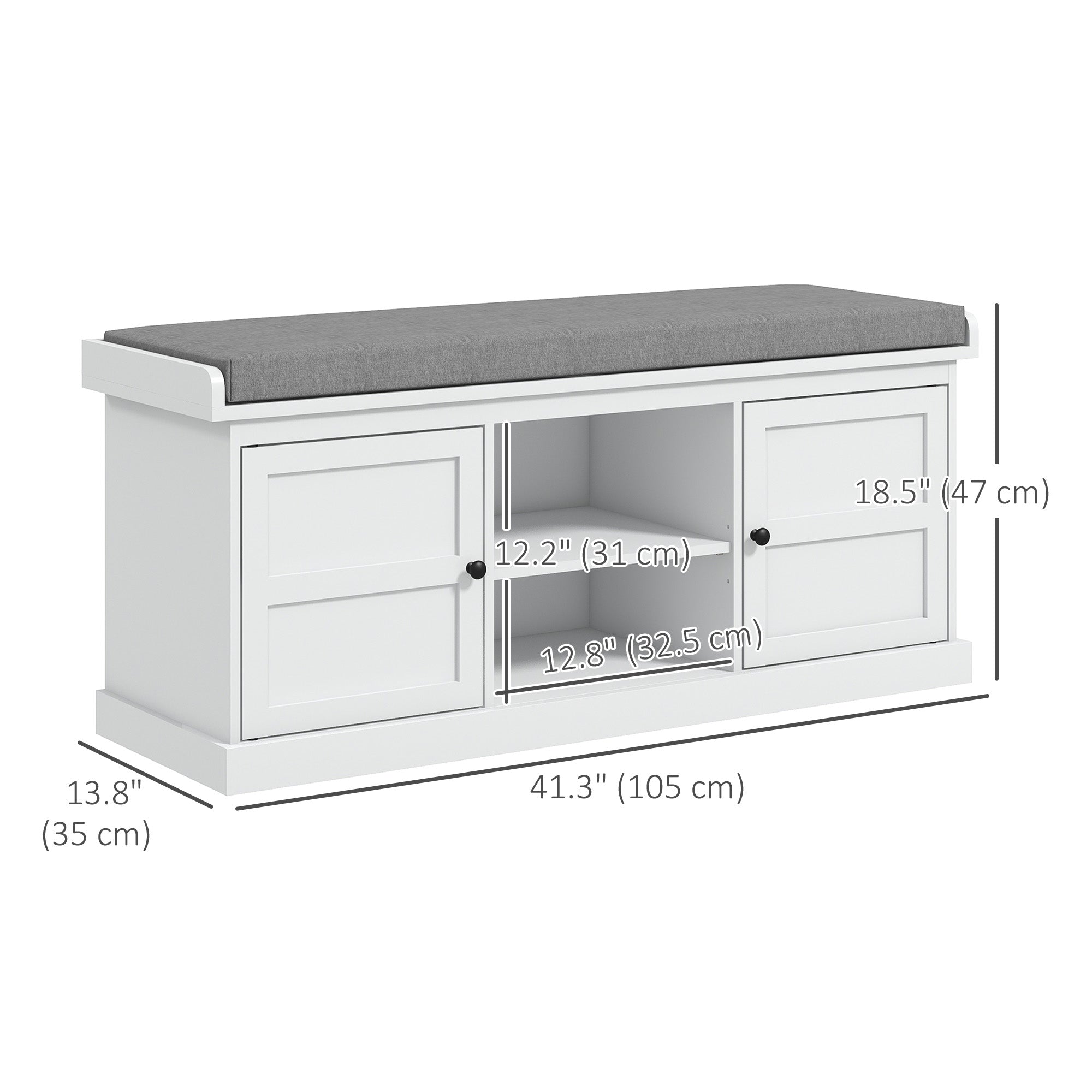 HOMCOM Shoe Bench for Entryway, Shoe Storage Bench with Cushioned Seat, 2 Cabinets and Adjustable Shelf for Hallway, Living Room, Bedroom, White