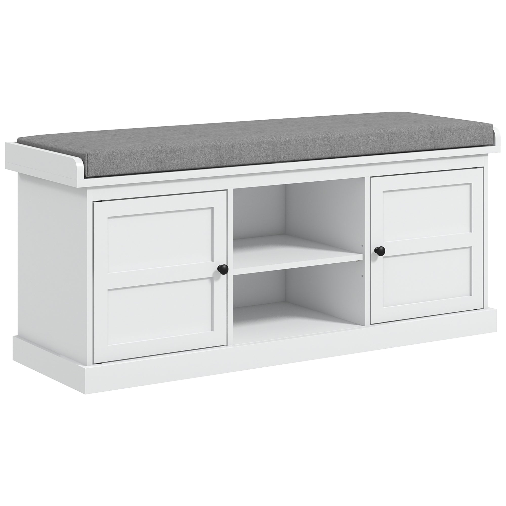 HOMCOM Shoe Bench for Entryway, Shoe Storage Bench with Cushioned Seat, 2 Cabinets and Adjustable Shelf for Hallway, Living Room, Bedroom, White