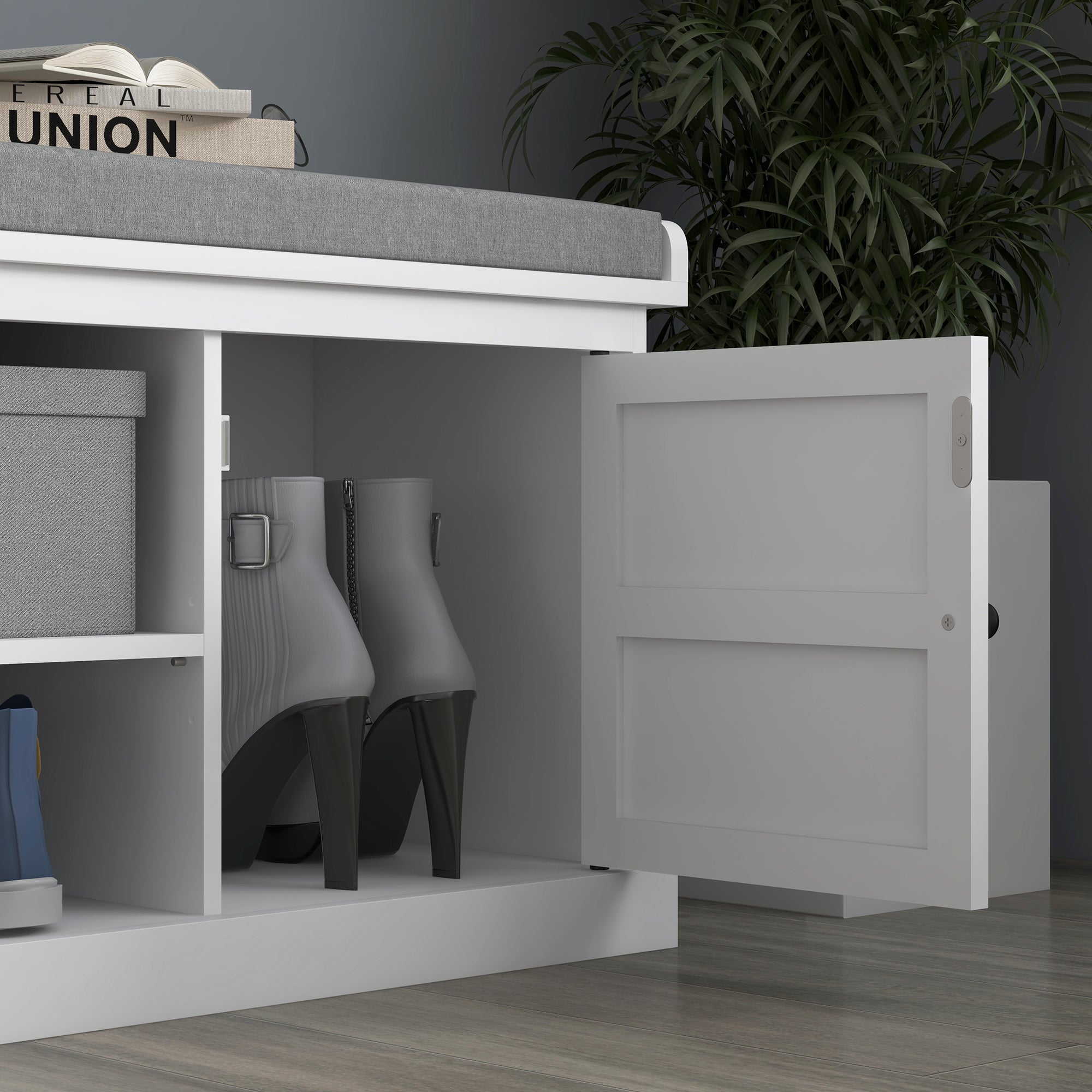 HOMCOM Shoe Bench for Entryway, Shoe Storage Bench with Cushioned Seat, 2 Cabinets and Adjustable Shelf for Hallway, Living Room, Bedroom, White
