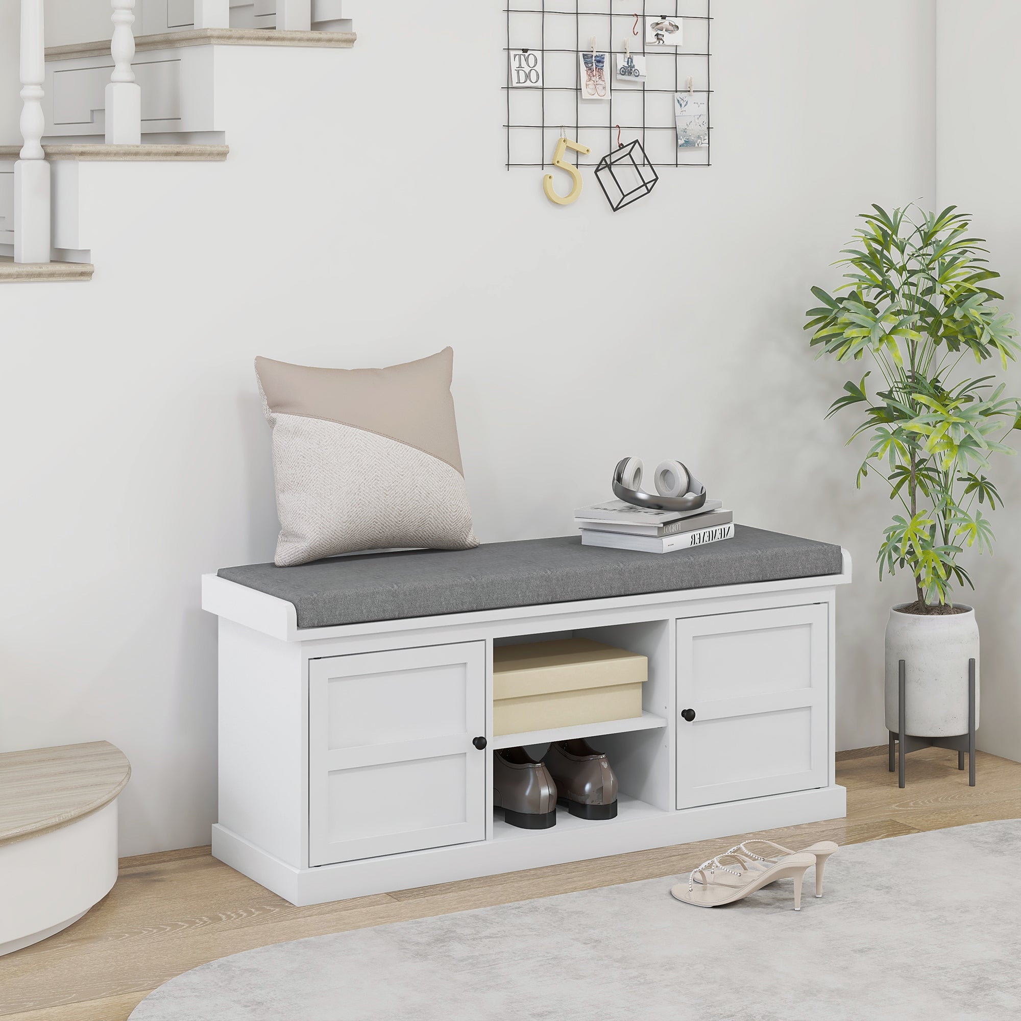 HOMCOM Shoe Bench for Entryway, Shoe Storage Bench with Cushioned Seat, 2 Cabinets and Adjustable Shelf for Hallway, Living Room, Bedroom, White