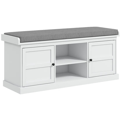 HOMCOM Shoe Bench for Entryway, Shoe Storage Bench with Cushioned Seat, 2 Cabinets and Adjustable Shelf for Hallway, Living Room, Bedroom, White