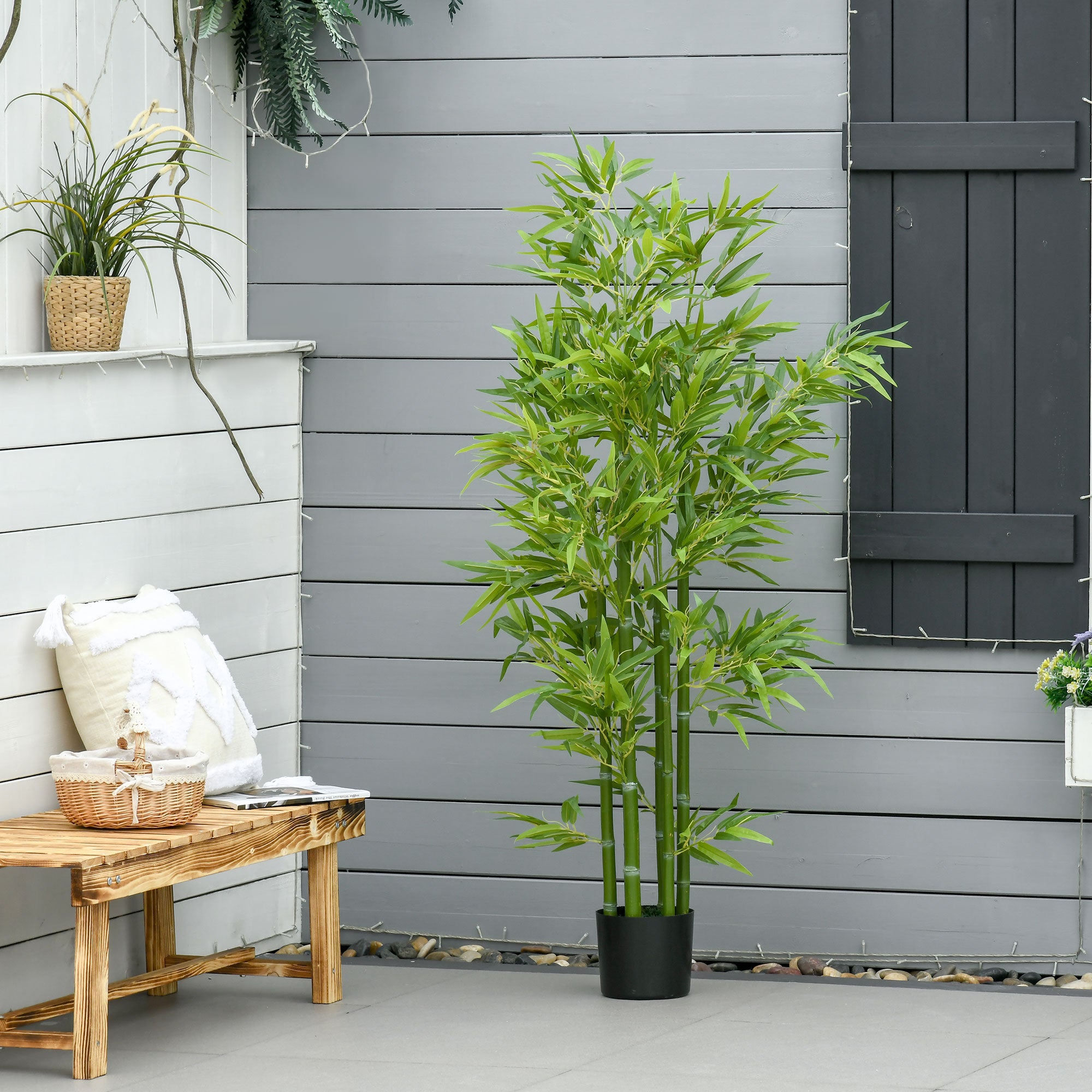 HOMCOM 5FT Artificial Bamboo Tree in Pot, Indoor Outdoor Fake Plants for Home Office Living Room Decor, Green