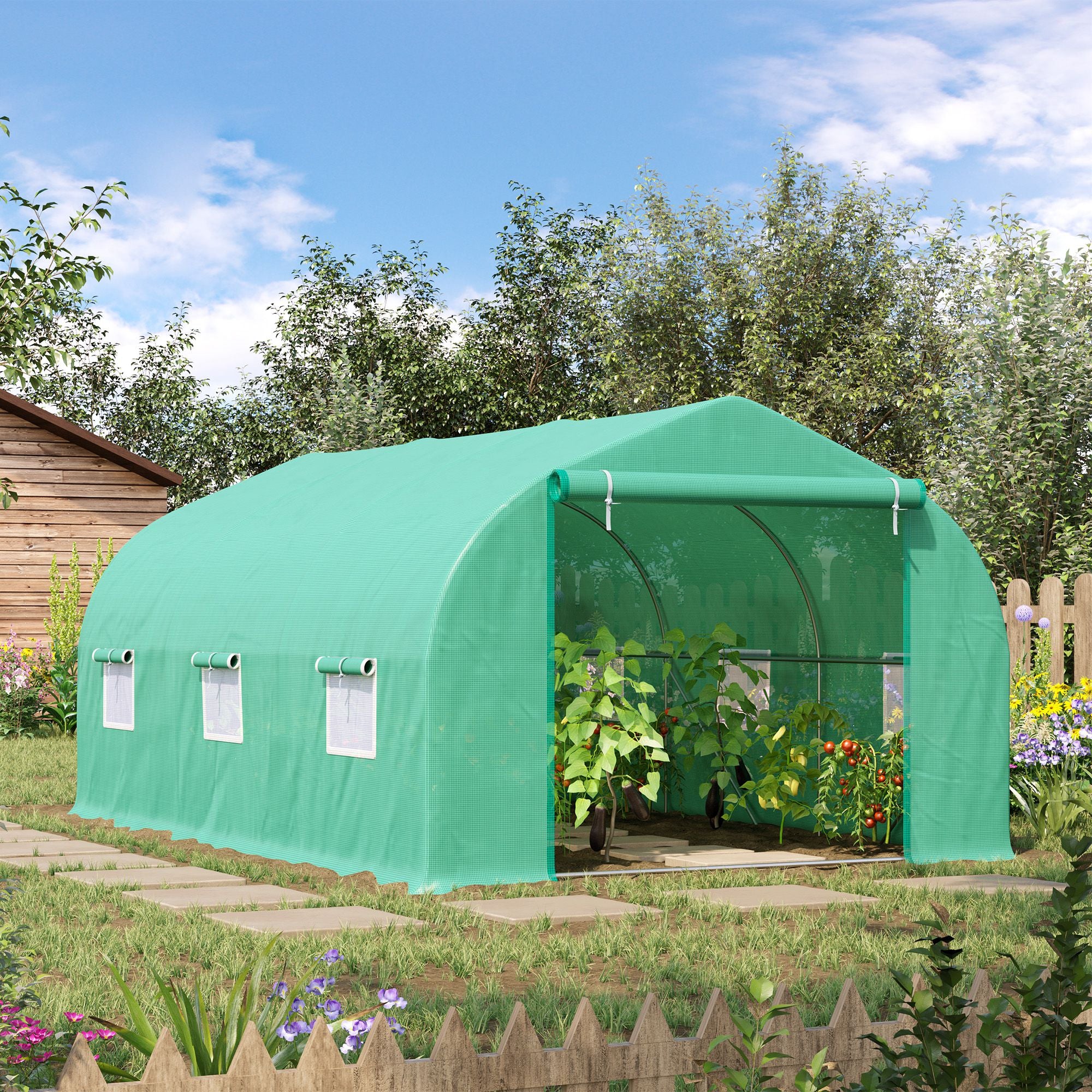 Outsunny 15' x 10' x 7' Walk-in Greenhouse Outdoor Plant Tunnel Warm Hot House w/ Roll Up Door and 6 Mesh Windows, Steel Frame, Green