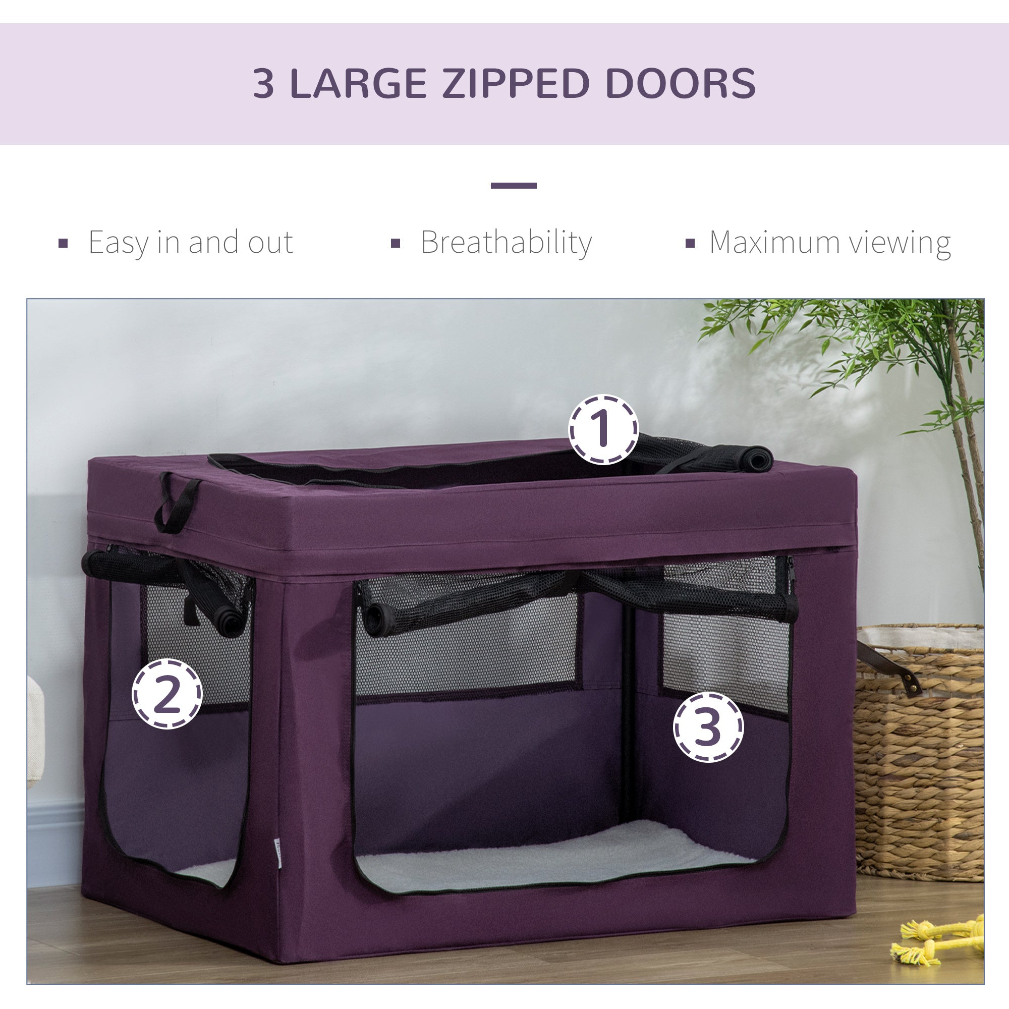 PawHut 90cm Pet Carrier for Medium and Large Dogs, Portable Cat Carrier Soft Side Pet Travel Crate with Removable Mat, Carry Bag, Breathable Mesh Window Door - Purple