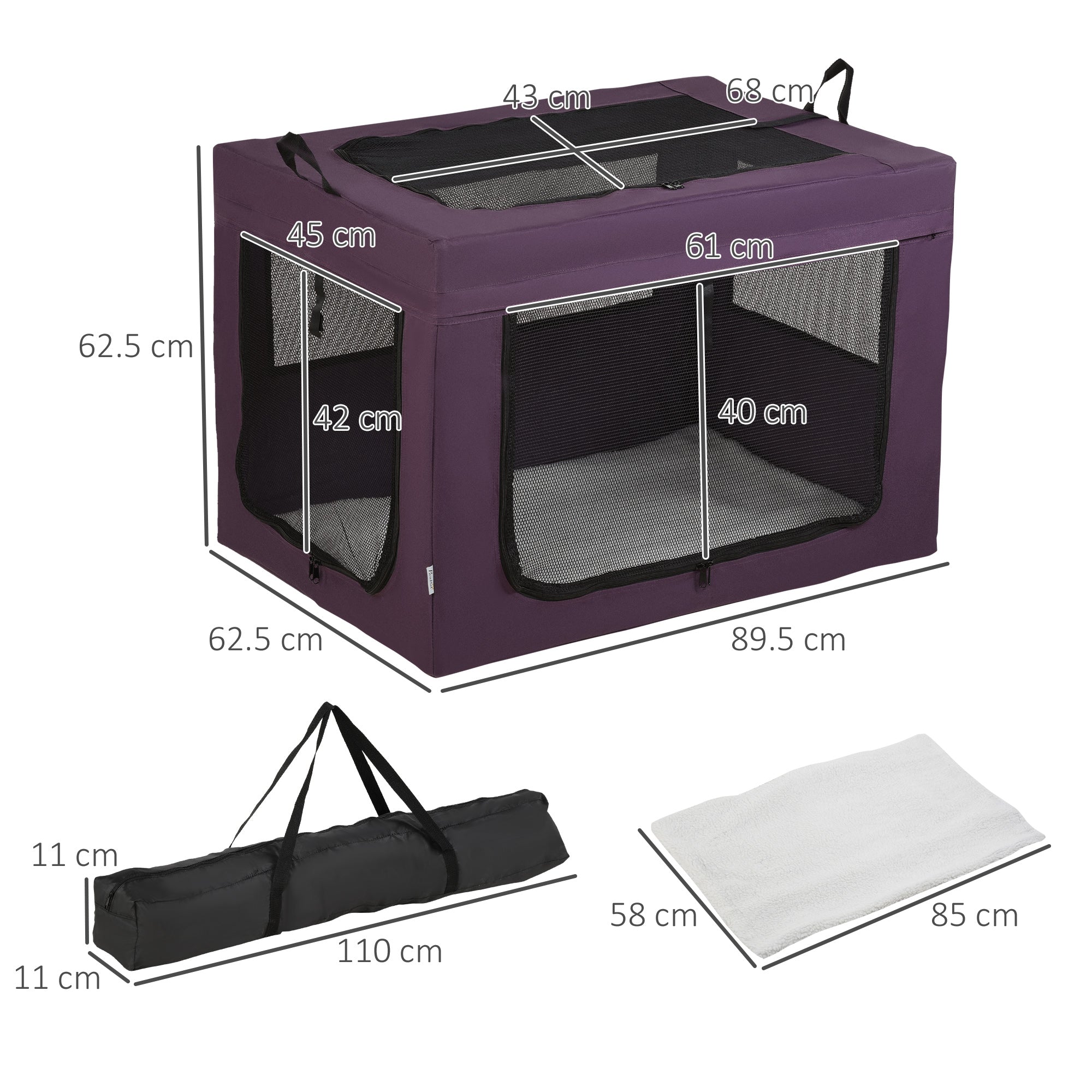 PawHut 90cm Pet Carrier for Medium and Large Dogs, Portable Cat Carrier Soft Side Pet Travel Crate with Removable Mat, Carry Bag, Breathable Mesh Window Door - Purple