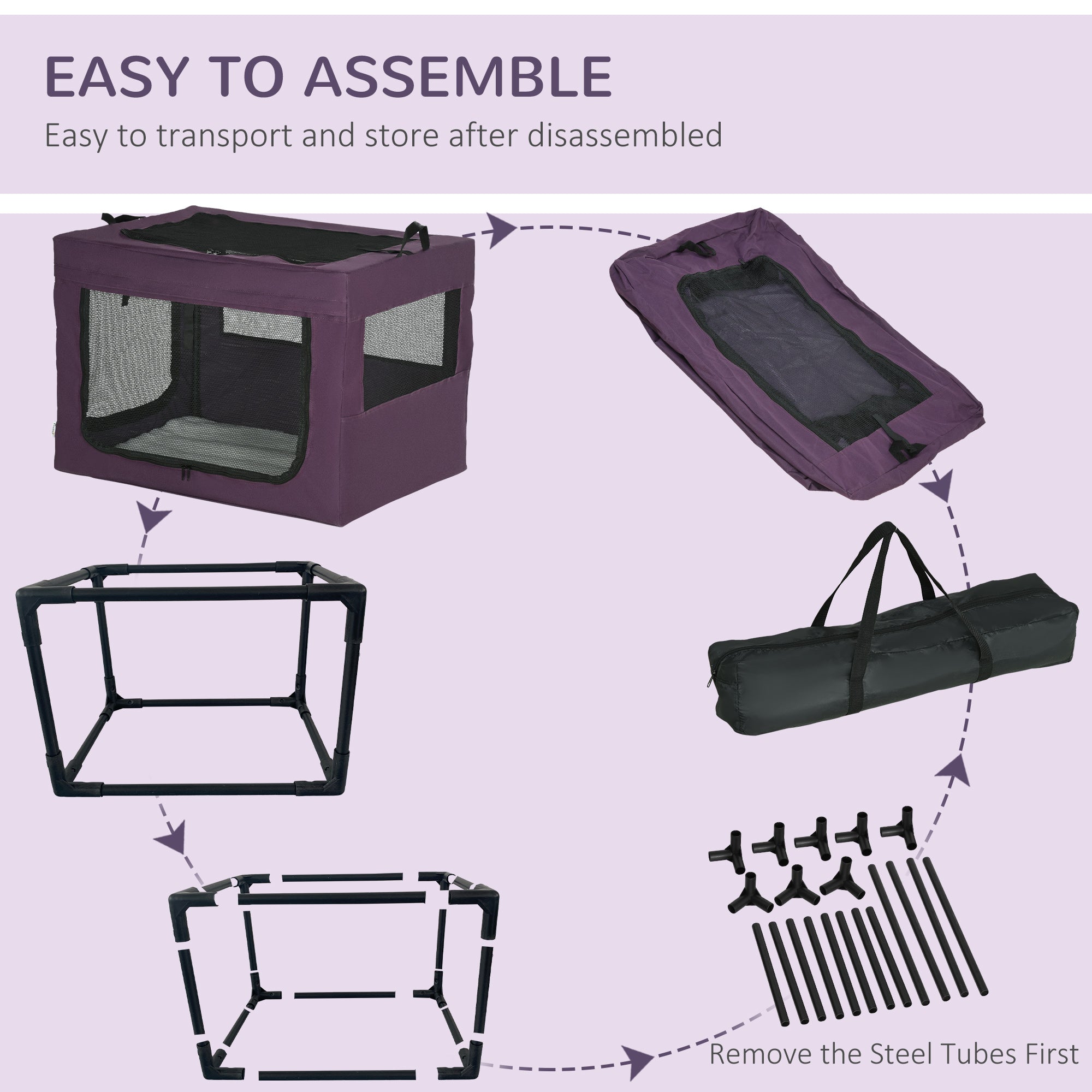 PawHut 90cm Pet Carrier for Medium and Large Dogs, Portable Cat Carrier Soft Side Pet Travel Crate with Removable Mat, Carry Bag, Breathable Mesh Window Door - Purple