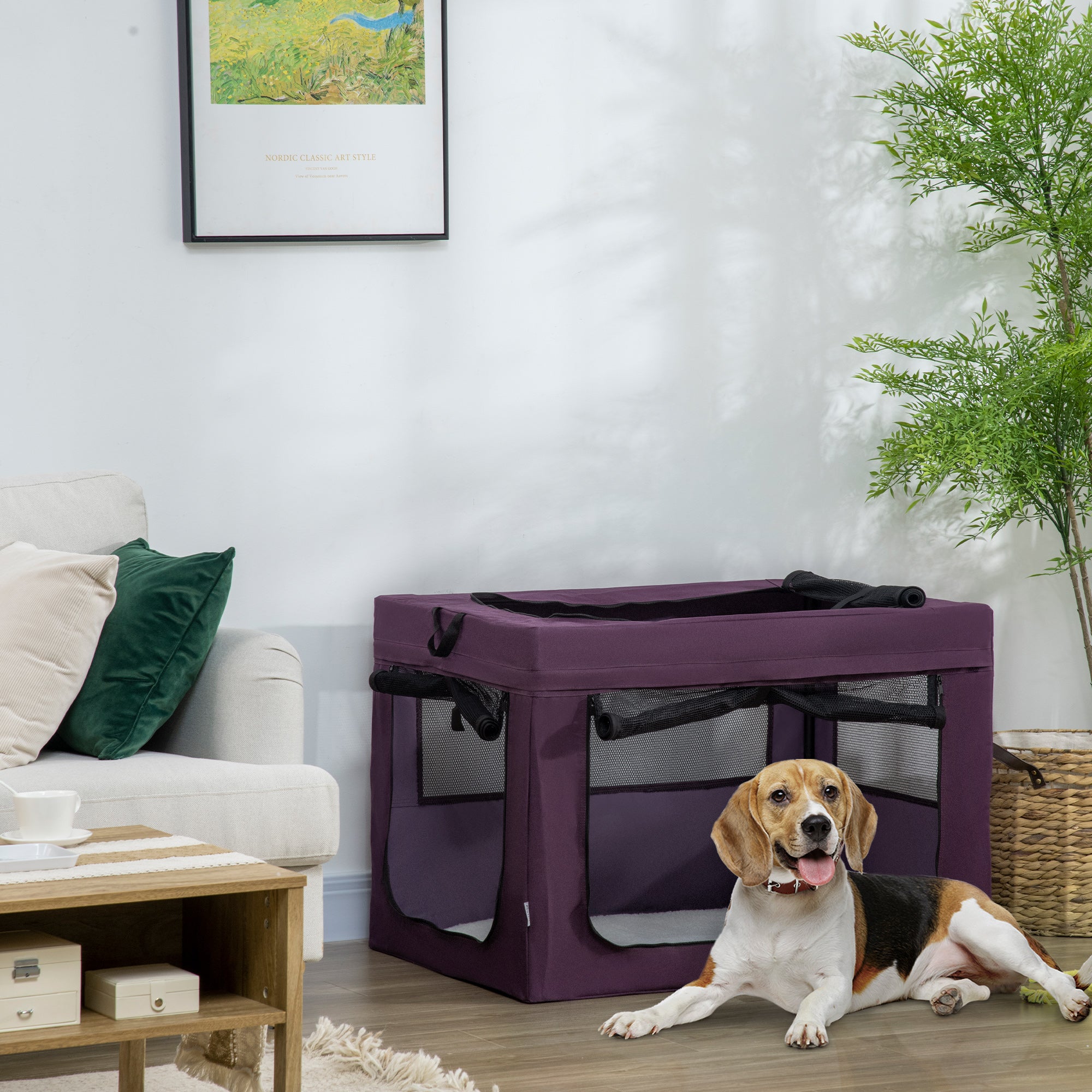 PawHut 90cm Pet Carrier for Medium and Large Dogs, Portable Cat Carrier Soft Side Pet Travel Crate with Removable Mat, Carry Bag, Breathable Mesh Window Door - Purple