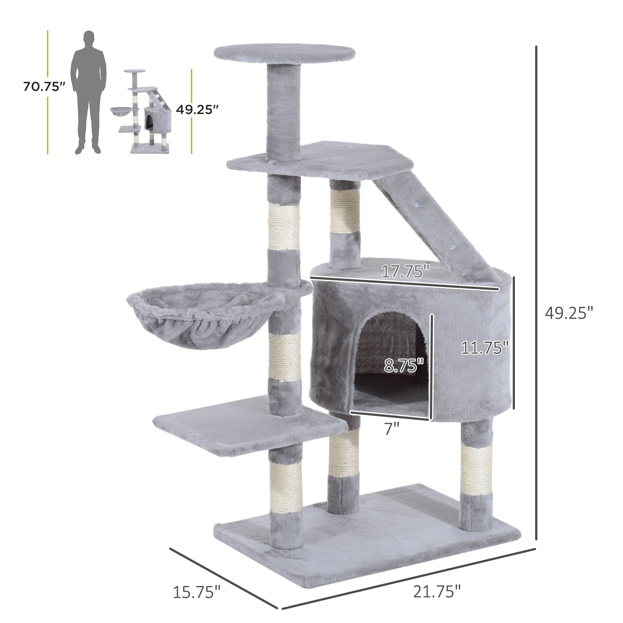 PawHut 49" Cat Tree with Hammock, Cat Condo Tower with Scratching Post for Indoor Cats, Grey