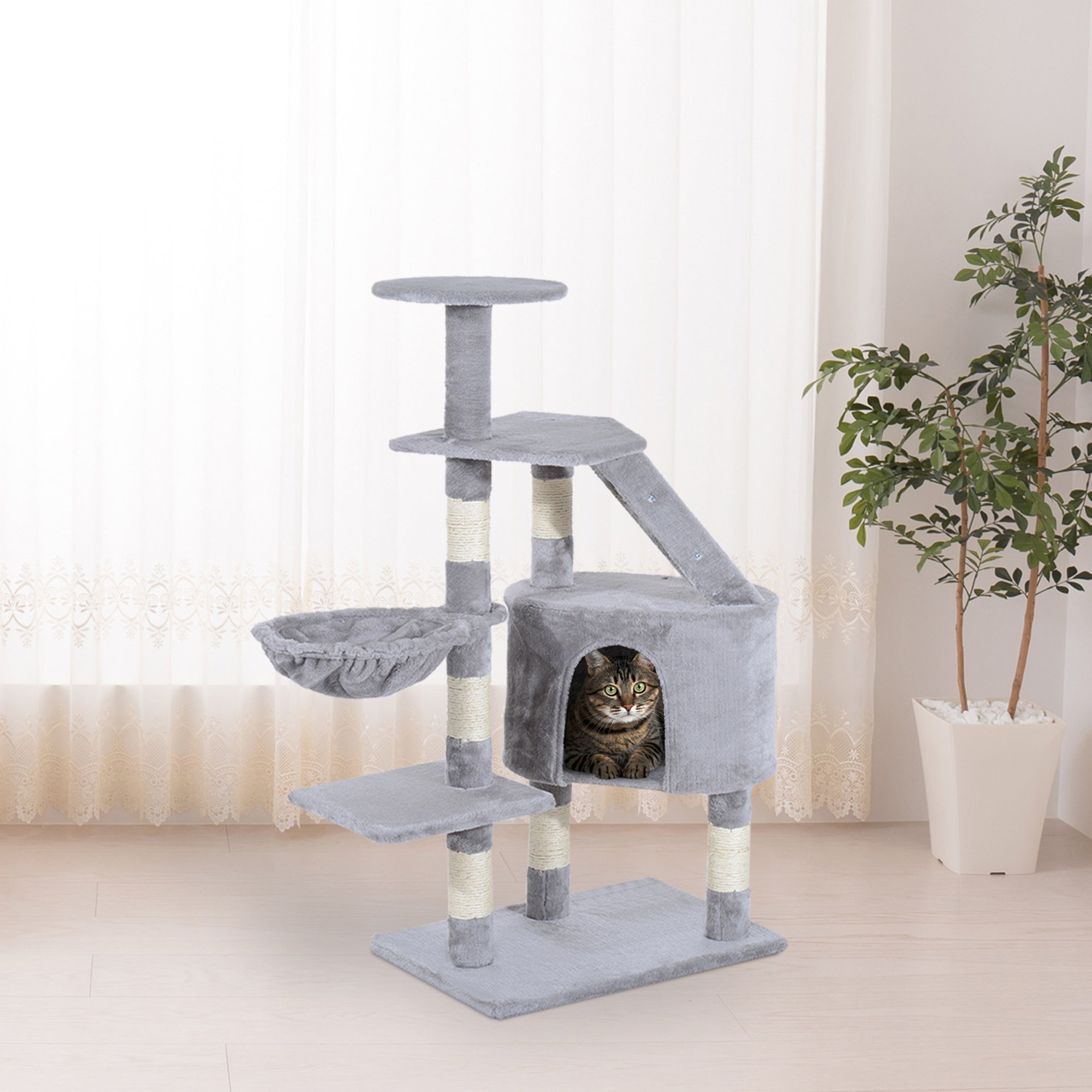 PawHut 49" Cat Tree with Hammock, Cat Condo Tower with Scratching Post for Indoor Cats, Grey