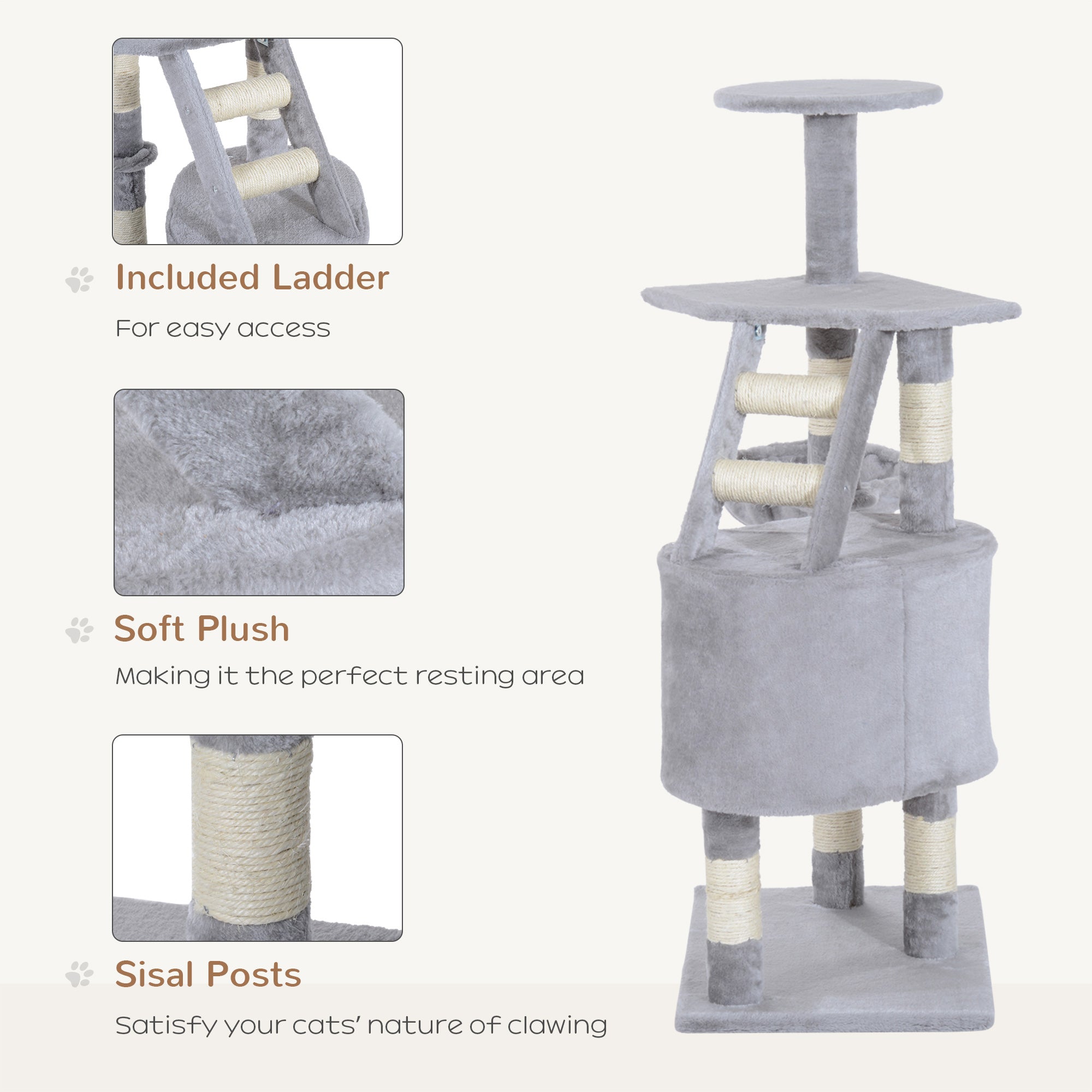 PawHut 49" Cat Tree with Hammock, Cat Condo Tower with Scratching Post for Indoor Cats, Grey