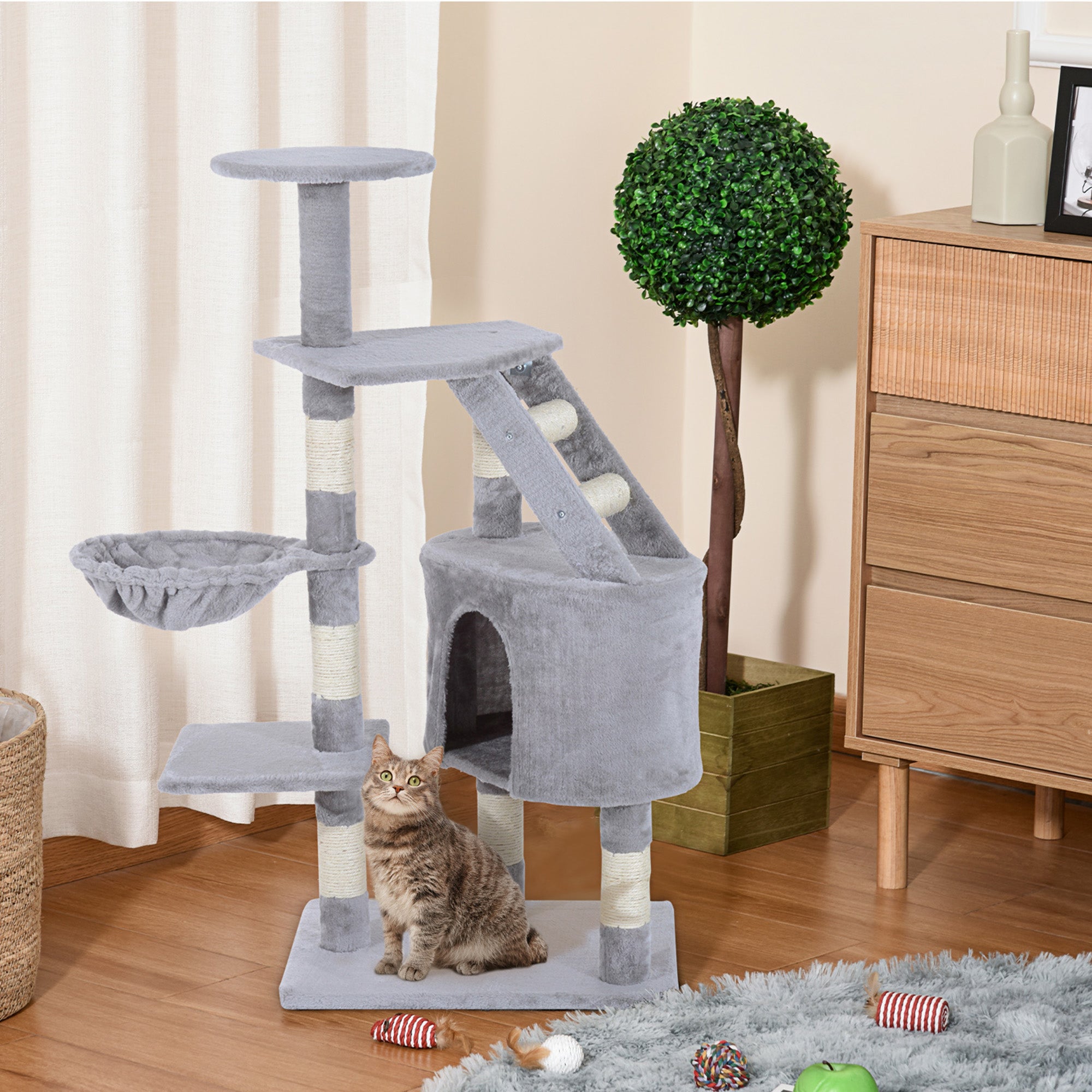 PawHut 49" Cat Tree with Hammock, Cat Condo Tower with Scratching Post for Indoor Cats, Grey