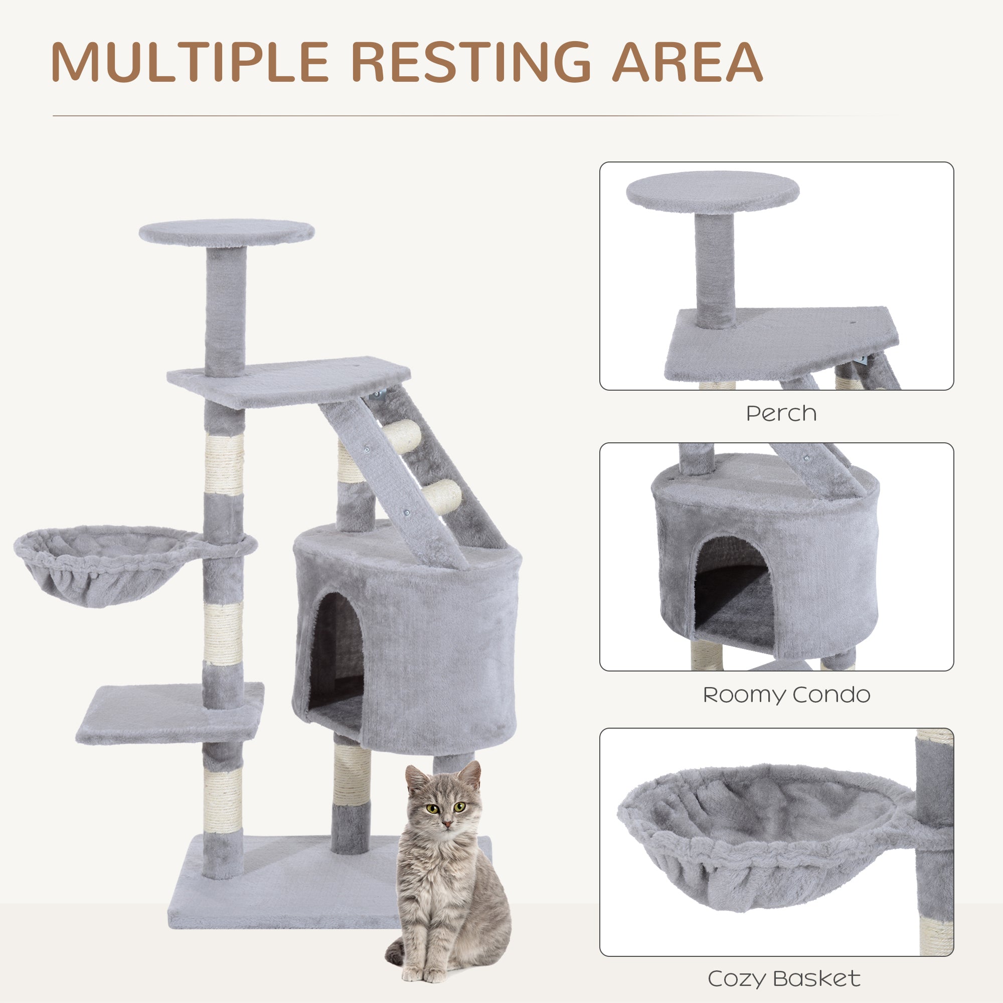 PawHut 49" Cat Tree with Hammock, Cat Condo Tower with Scratching Post for Indoor Cats, Grey