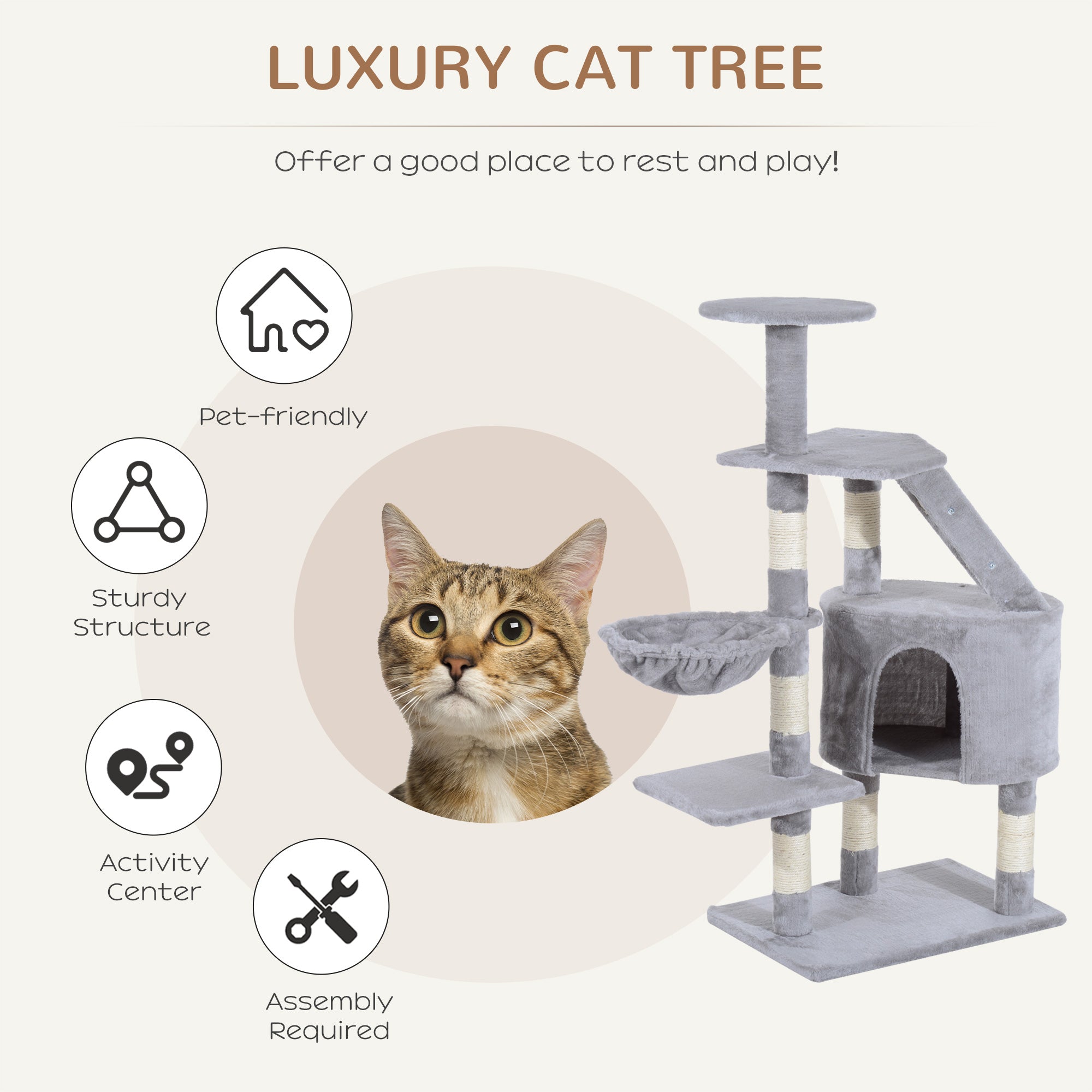 PawHut 49" Cat Tree with Hammock, Cat Condo Tower with Scratching Post for Indoor Cats, Grey