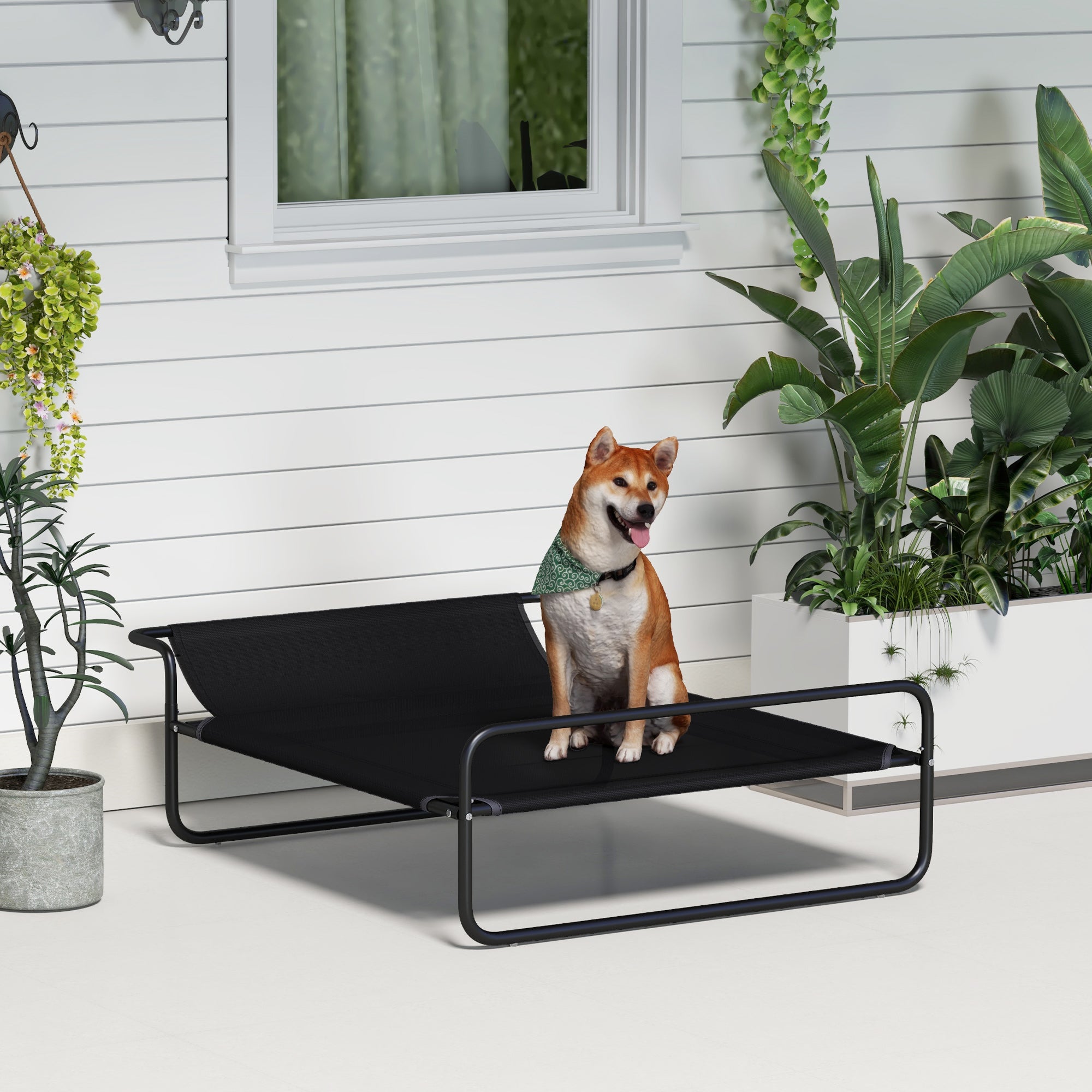 PawHut Cooling Raised Dog Bed, Elevated Pet Bed with Slope Headrest, Washable Breathable Mesh, Foot Pads, for Indoor and Outdoor Use, for Medium Dogs, 106 x 81 x 33cm - Black