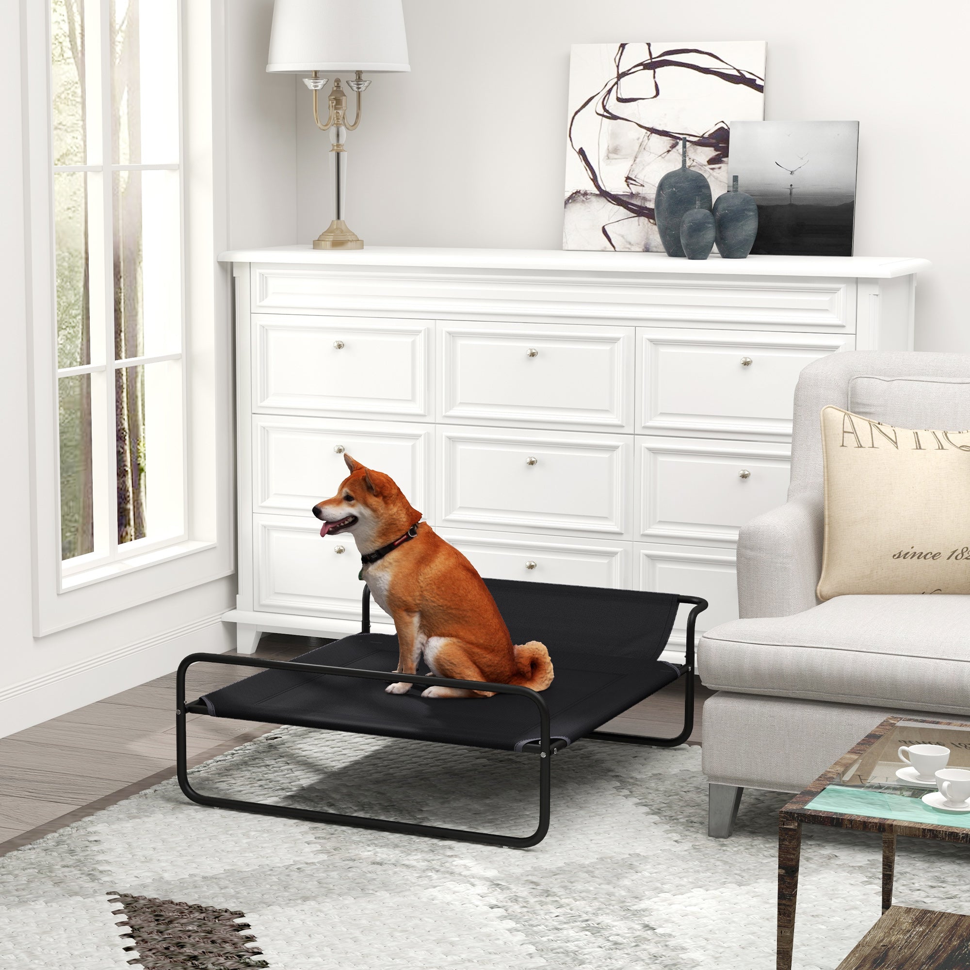 PawHut Cooling Raised Dog Bed, Elevated Pet Bed with Slope Headrest, Washable Breathable Mesh, Foot Pads, for Indoor and Outdoor Use, for Medium Dogs, 106 x 81 x 33cm - Black