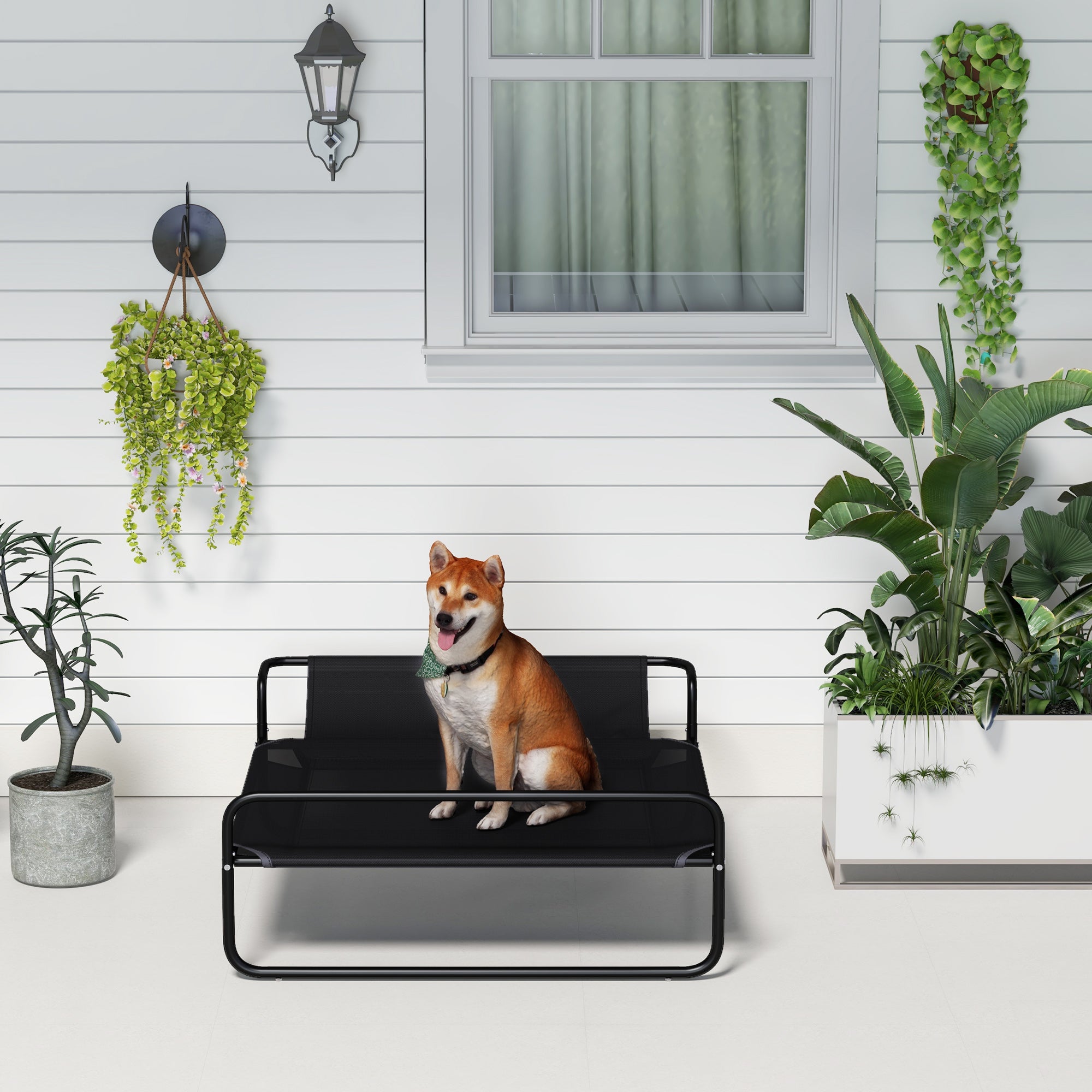 PawHut Cooling Raised Dog Bed, Elevated Pet Bed with Slope Headrest, Washable Breathable Mesh, Foot Pads, for Indoor and Outdoor Use, for Medium Dogs, 106 x 81 x 33cm - Black