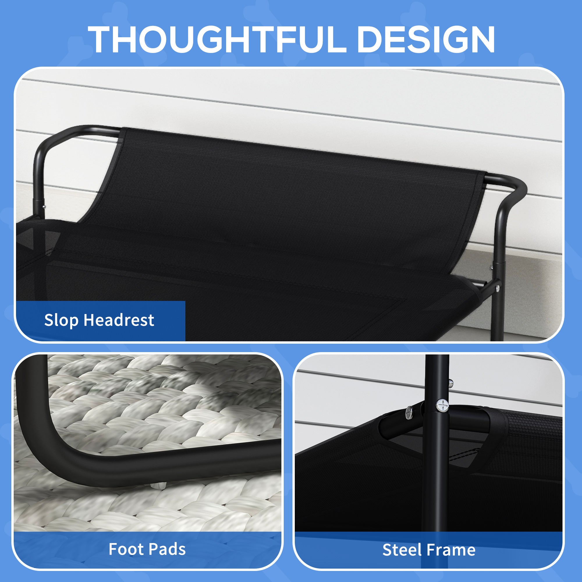 PawHut Cooling Raised Dog Bed, Elevated Pet Bed with Slope Headrest, Washable Breathable Mesh, Foot Pads, for Indoor and Outdoor Use, for Medium Dogs, 106 x 81 x 33cm - Black