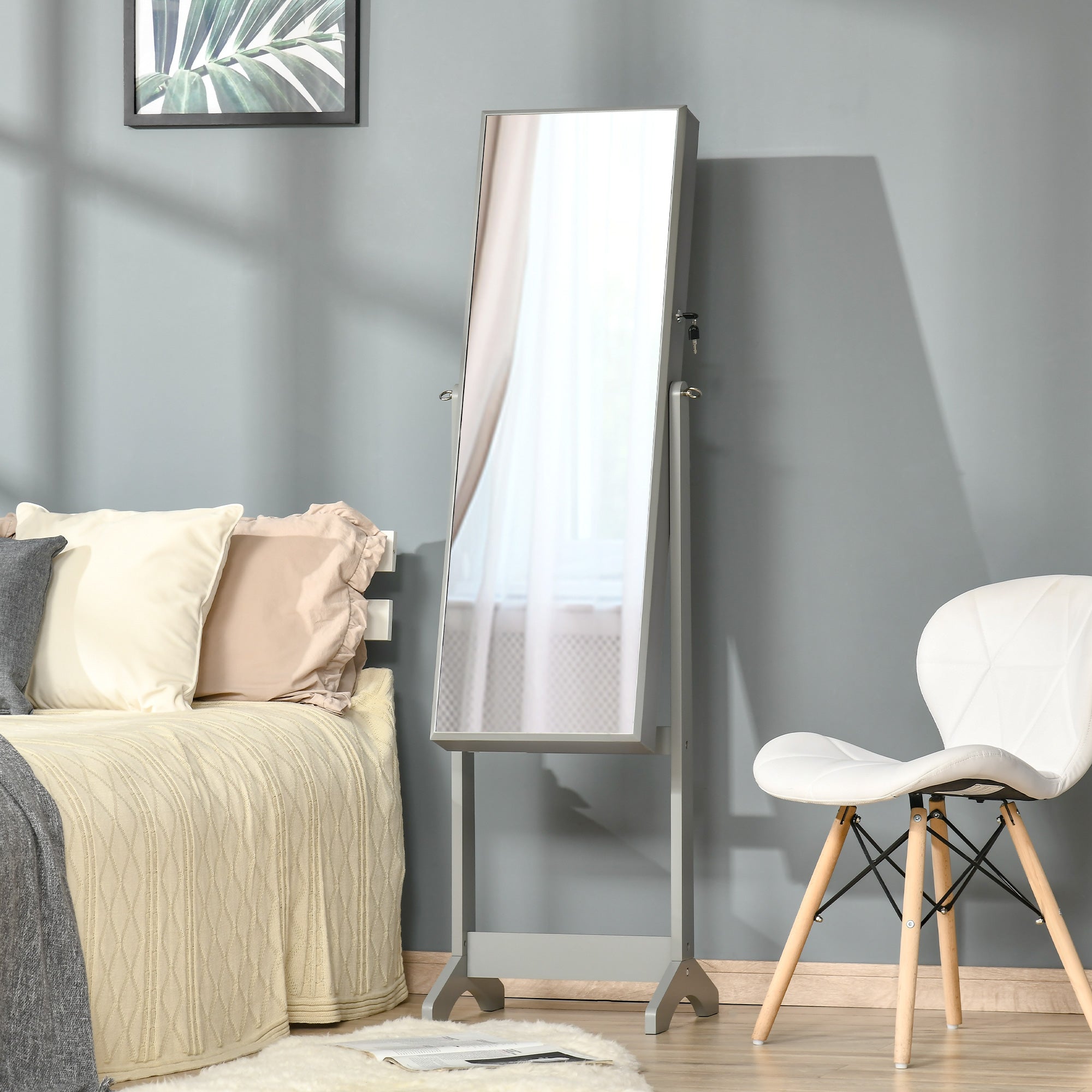 HOMCOM Jewelry Cabinet Floor Standing, Lockable Jewelry Organizer with Full-Length Mirror, 3 Angle Adjustable, Grey