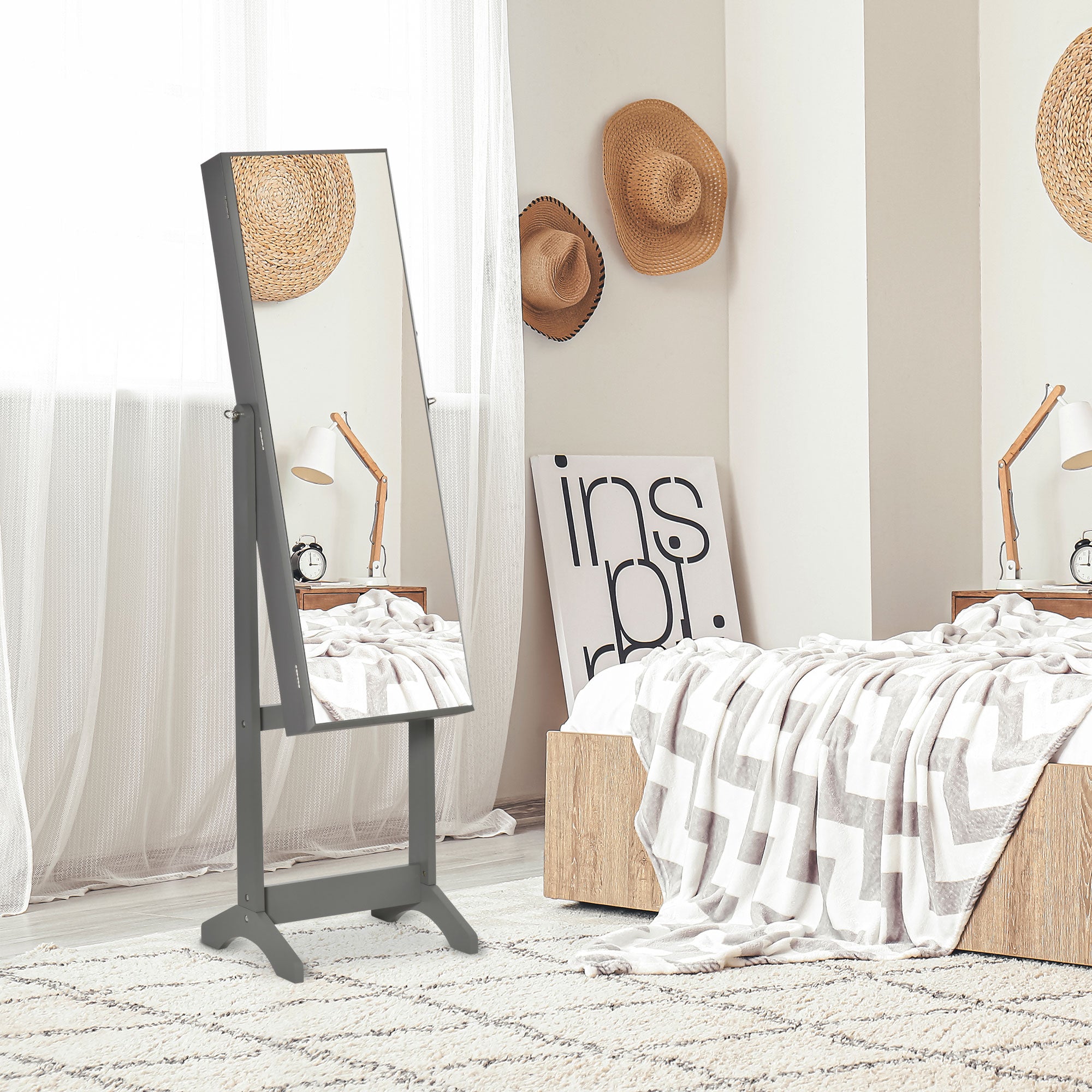 HOMCOM Jewelry Cabinet Floor Standing, Lockable Jewelry Organizer with Full-Length Mirror, 3 Angle Adjustable, Grey