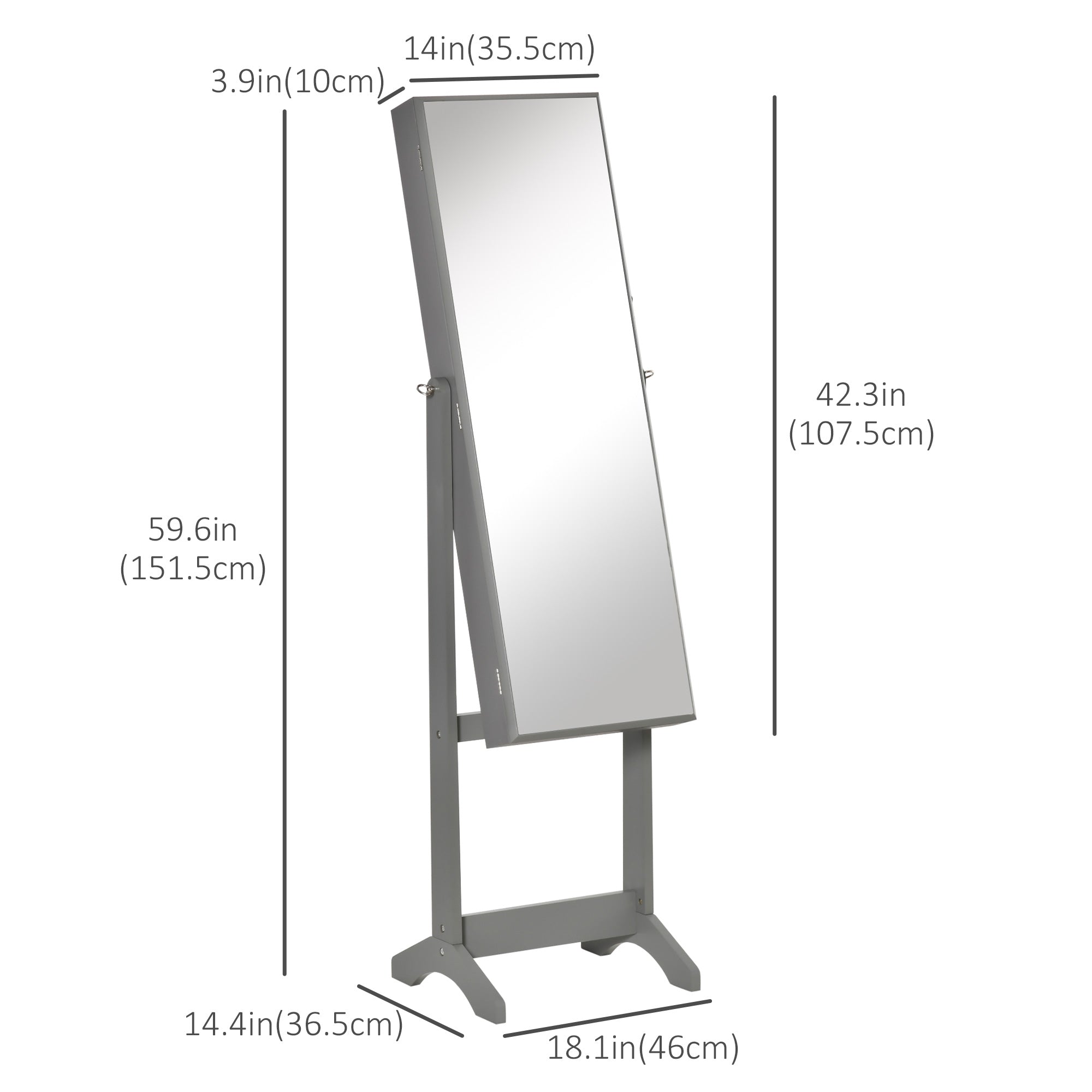HOMCOM Jewelry Cabinet Floor Standing, Lockable Jewelry Organizer with Full-Length Mirror, 3 Angle Adjustable, Grey