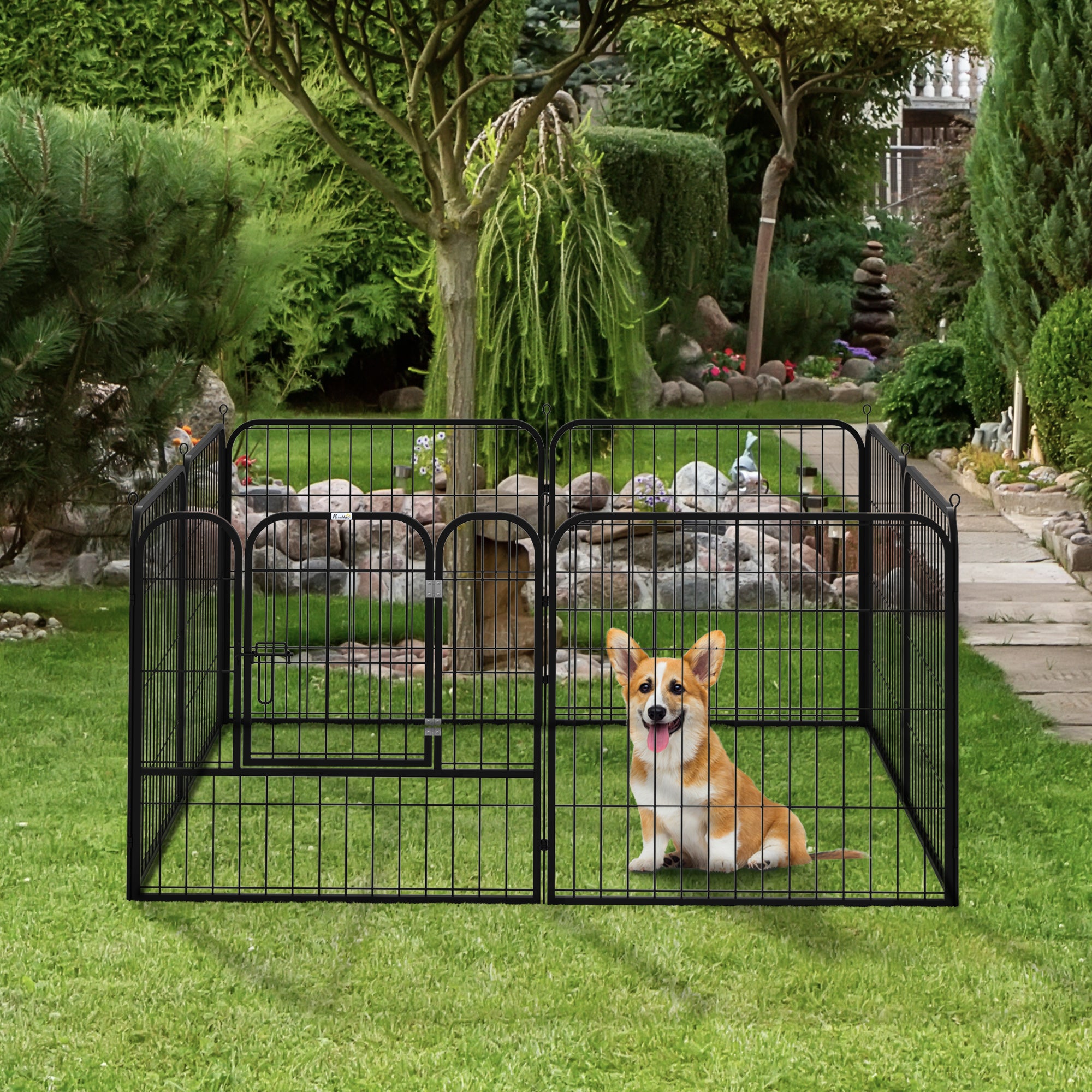 PawHut 8 Panel Pet Playpen Play Yard Fence Home DIY Heavy-Duty Metal Foldable Indoor Outdoor For Small Dogs, Black