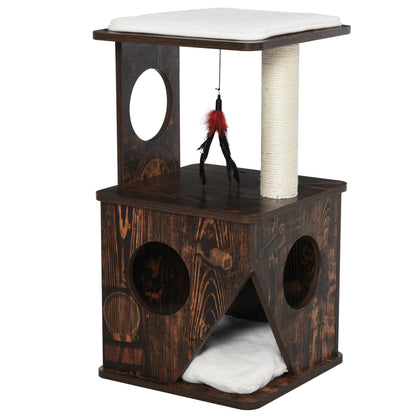 PawHut 2-Level Cat Tree Wooden Activity Tower for Pets with Super Soft Cushions, Fun Cat Feather Rope, and Scratch Posts