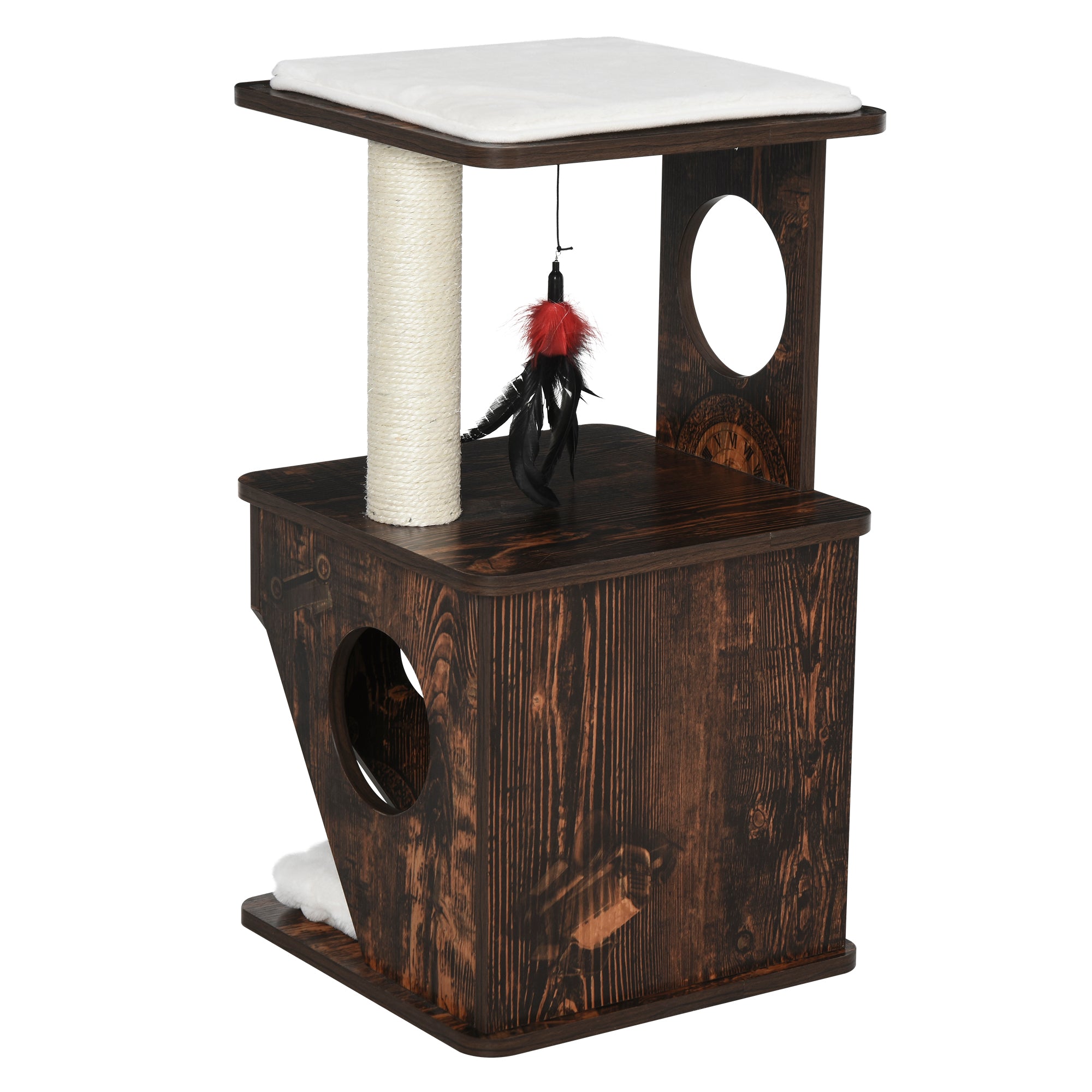 PawHut 2-Level Cat Tree Wooden Activity Tower for Pets with Super Soft Cushions, Fun Cat Feather Rope, and Scratch Posts